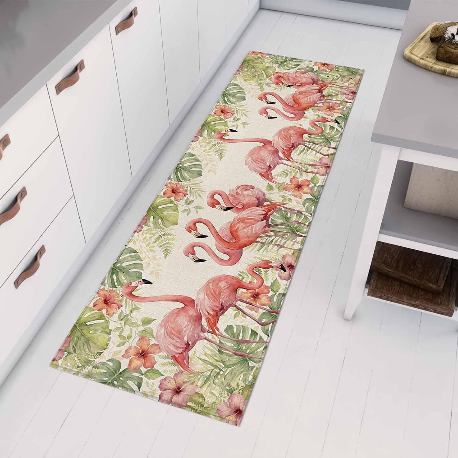 Teamery Kitchen Mats for Floor Summer Flamingo Leaves on Linen Washable Non Slip Kitchen Rugs 1PCS, Tropical Monstera Flower Absorbent Standing Mats for Sink Bathroom Office Living Room 23.6x70.9in
