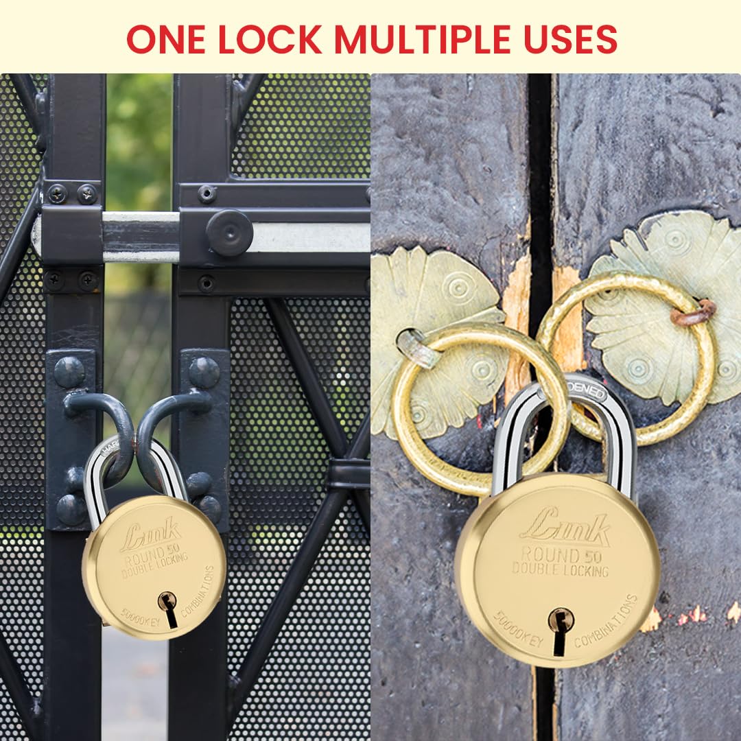 Link® 50mm Round Brass Lock | Brass Liver | Double Locking | | Padlock with 3 Silver Keys for Home Door, Office, Shop | Made in India — Amazon image 4