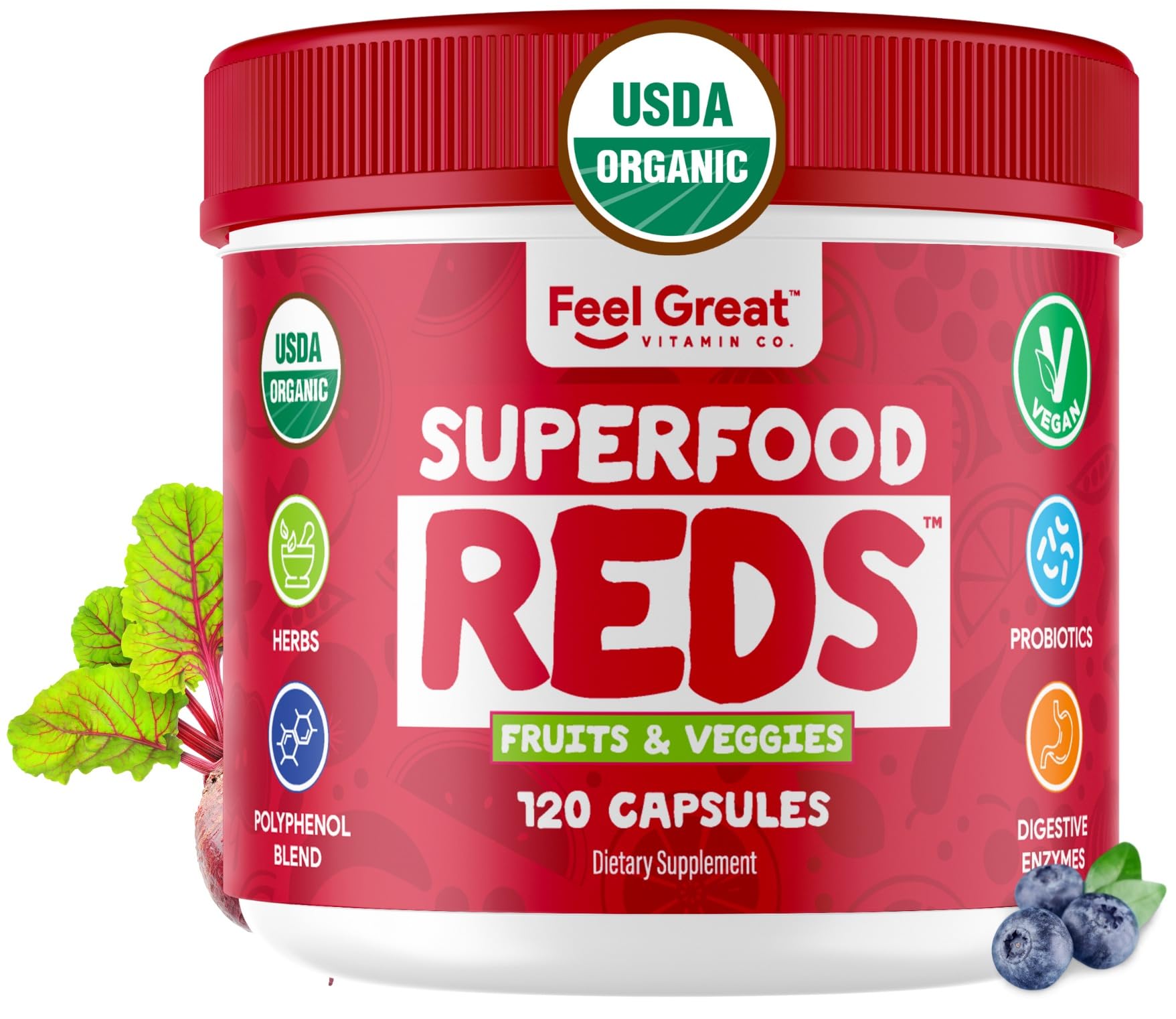 Feel Great 365Organic Super Reds Powder Superfood Capsules Polyphenols Supplement | Beet Root Capsules | Contains Milk Thistle, Green Tea & Much More | Probiotics and Digestives