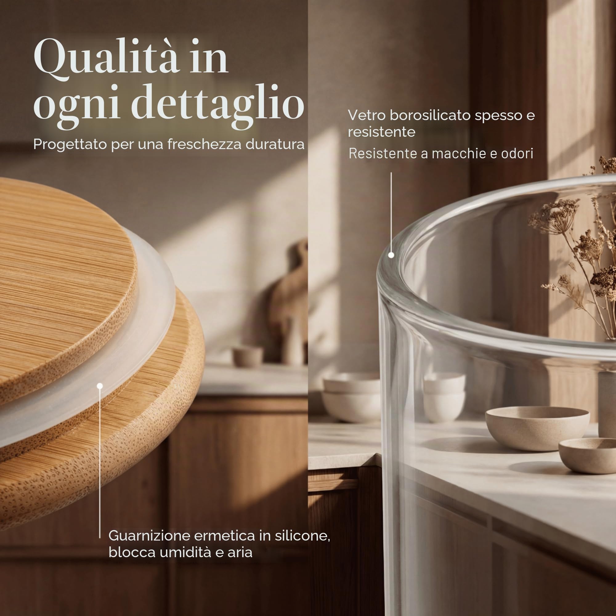 Livabl Set di 3 barattoli in vetro di bambù con coperchi ed etichette, 2,2 l, per spaghetti, pasta, avena, cereali, riso, contenitori da cucina