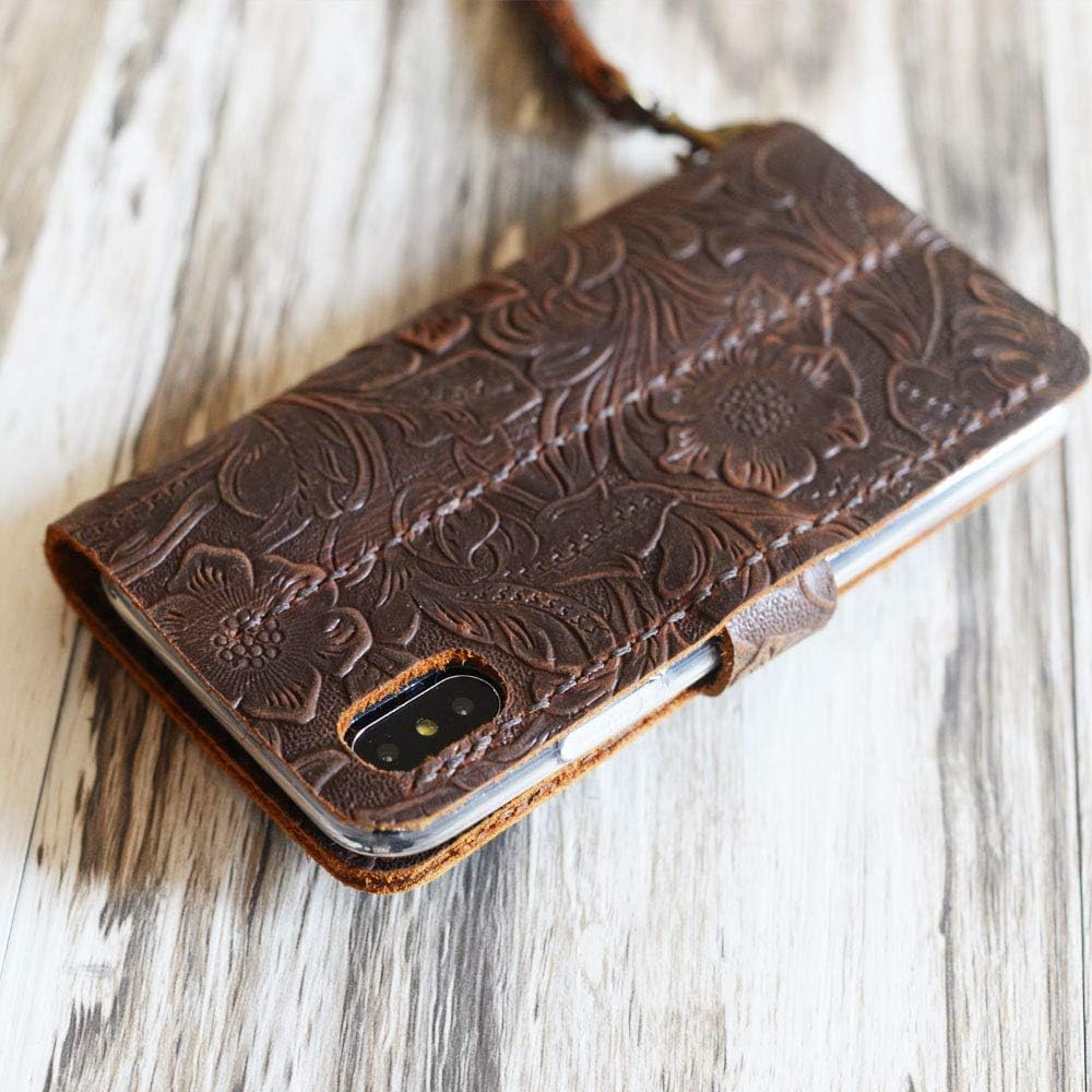 Leather wallet Case for iPhone XR, Handmade Wristlet for iPhone XR Cover - Tooled Flower Brown - 408H-6