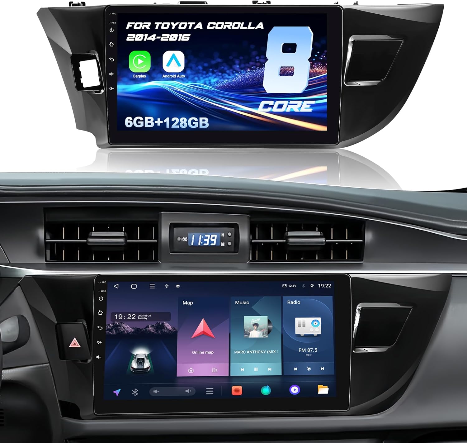 6GB+128GB Head Unit for Toyota Corolla 2014 2015 2016: Android 15 Car Stereo Upgrade Wireless CarPlay & Android Auto with WiFi 6, Bluetooth5.0, GPS, AM/FM, DSP&EQ, SWC, 1080P Backup Camera