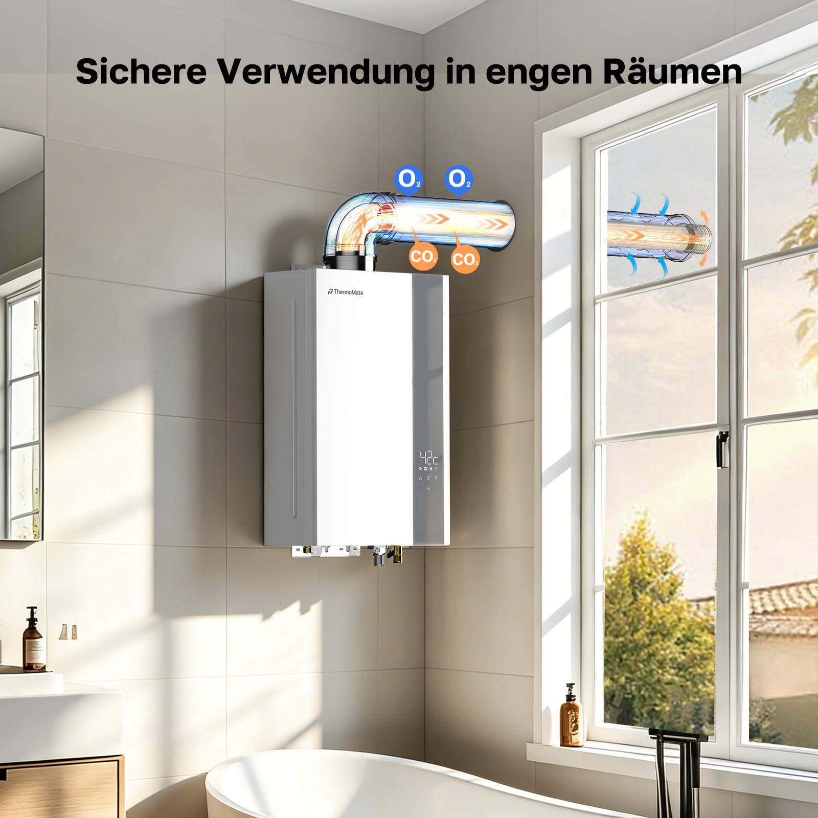 ThermoMate Horizontales Konzentrisches Zuluft-/Abgasrohr-Set für innenbereich Gas-Durchlauferhitzer - 60/100mm x 930mm (mit 90° Bogen)