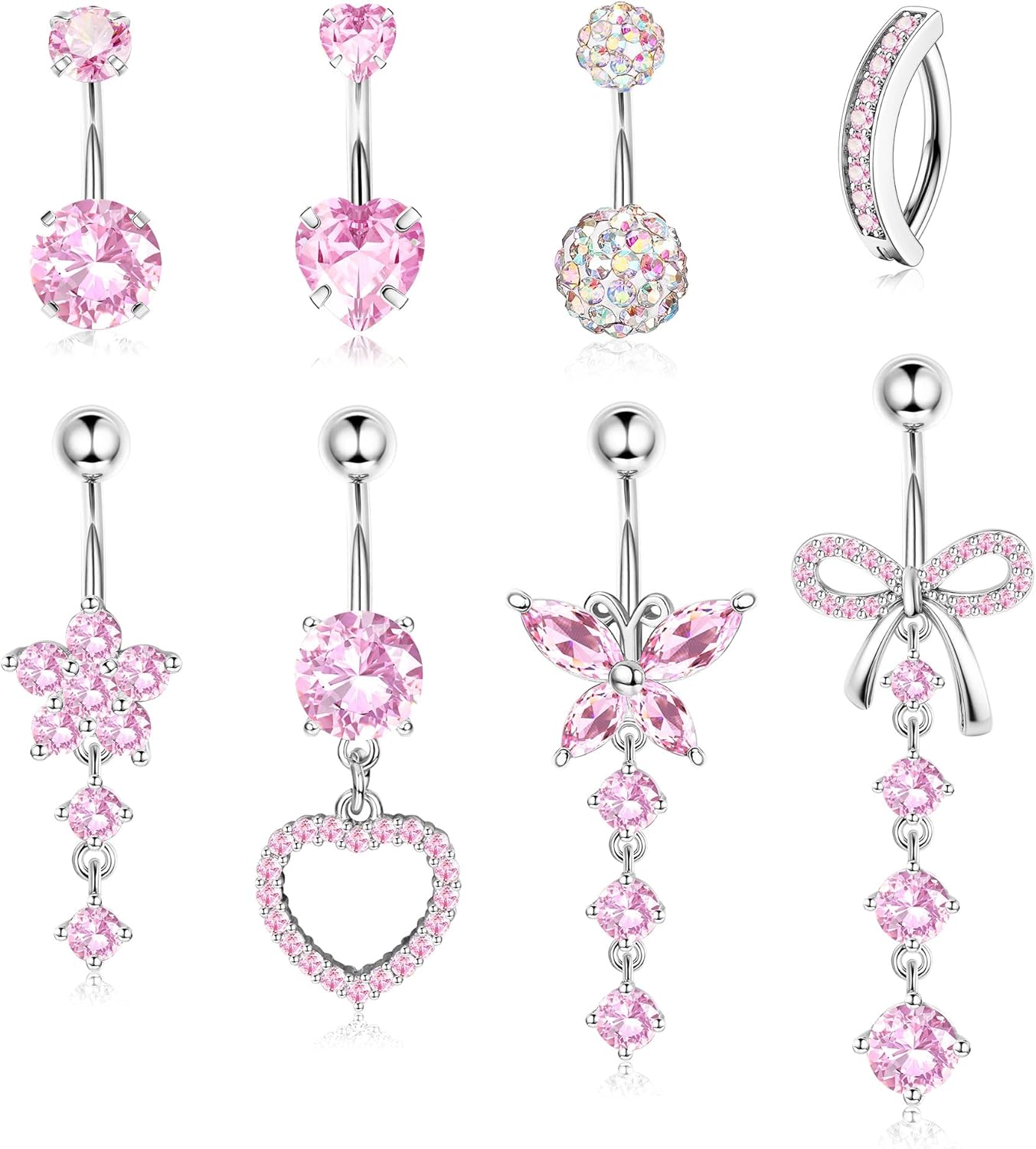 YADOCA 316L Surgical Steel Gold Dangle Belly Button Ring for Women Silver Dangly Belly Rings 14G Hypoallergenic Navel Belly Button Piercing Jewelry Bow Heart 10mm/12mm Barbell Length - Image 7