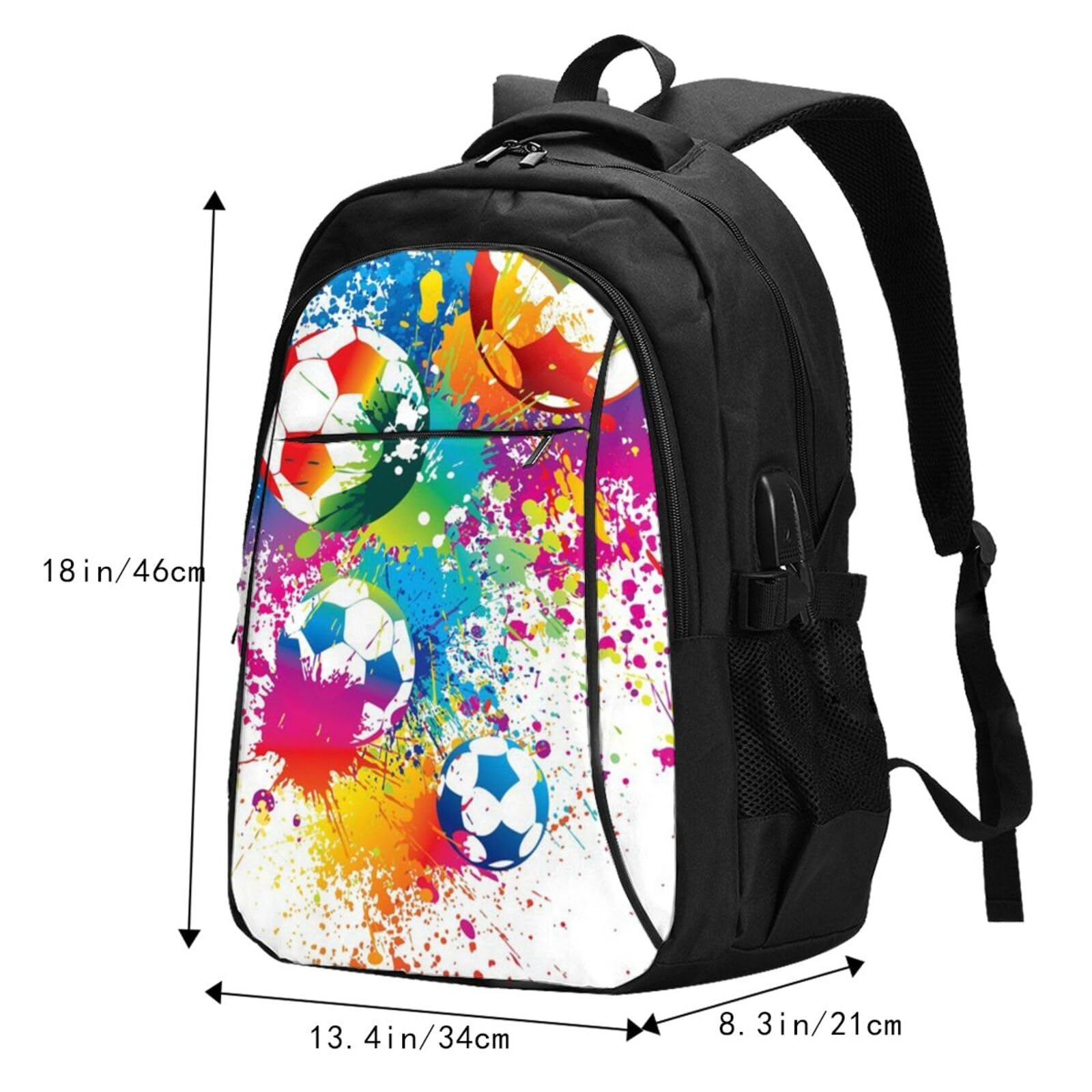 InOmak Schizzi di colore su tutto il pallone da calcio, Zaino da viaggio casual per laptop con porta di ricarica USB per uomo e donna