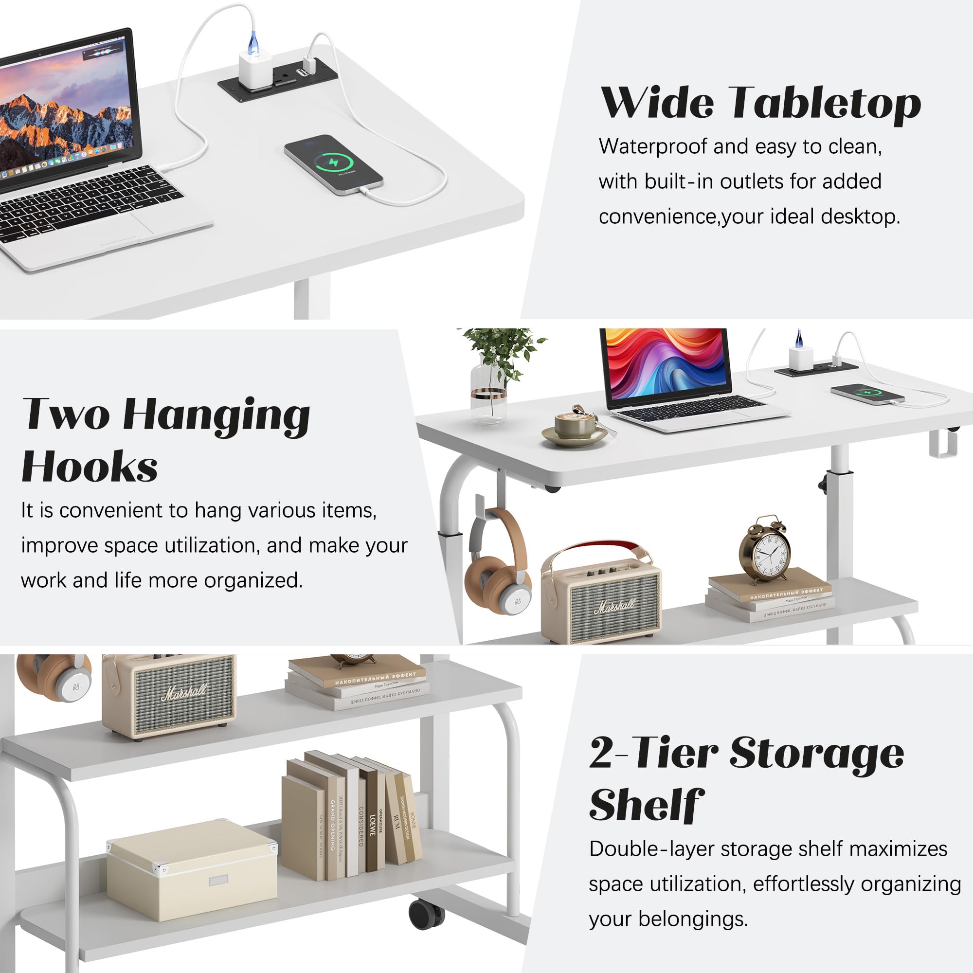 SogesHome 31.5 inches Adjustable Table Mobile Bed Table Portable Laptop Computer Stand Desks with Rolling Wheels, Three-Hole Sockets and USB Ports, White