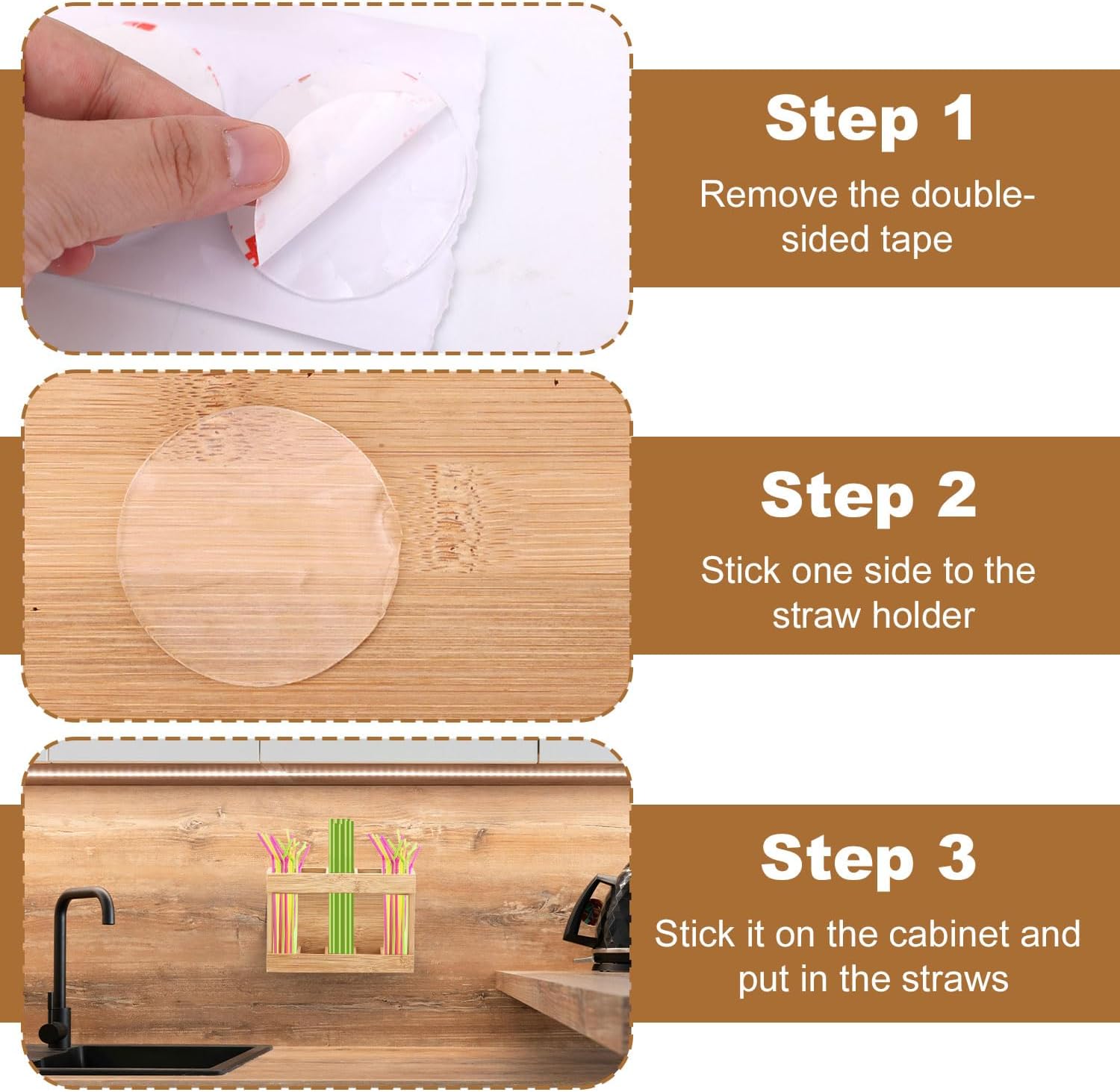 Wooden Straw Holder, Tumbler Straw Organizer Rack with Double Sided Adhesive Tape Drinking Straw Holder Dispenser Accessories Glass Straw Storage Container Supplies for Kitchen Counter Cabinets - Image 5