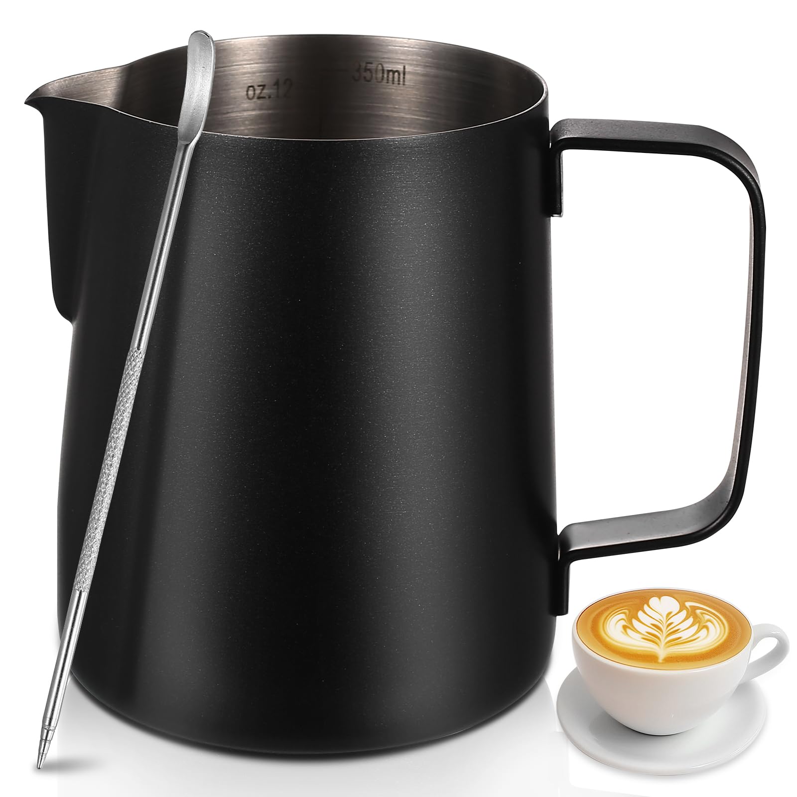 350ml Edelstahl Milchkännchen Barista Zubehör, Milchkanne Edelstahl Milchschaumkännchen, Milchaufschäumer Kanne, Aufschäumkännchen, Milchschaum Kanne, Espresso Kaffeezubehör, mit Latte Art Pen