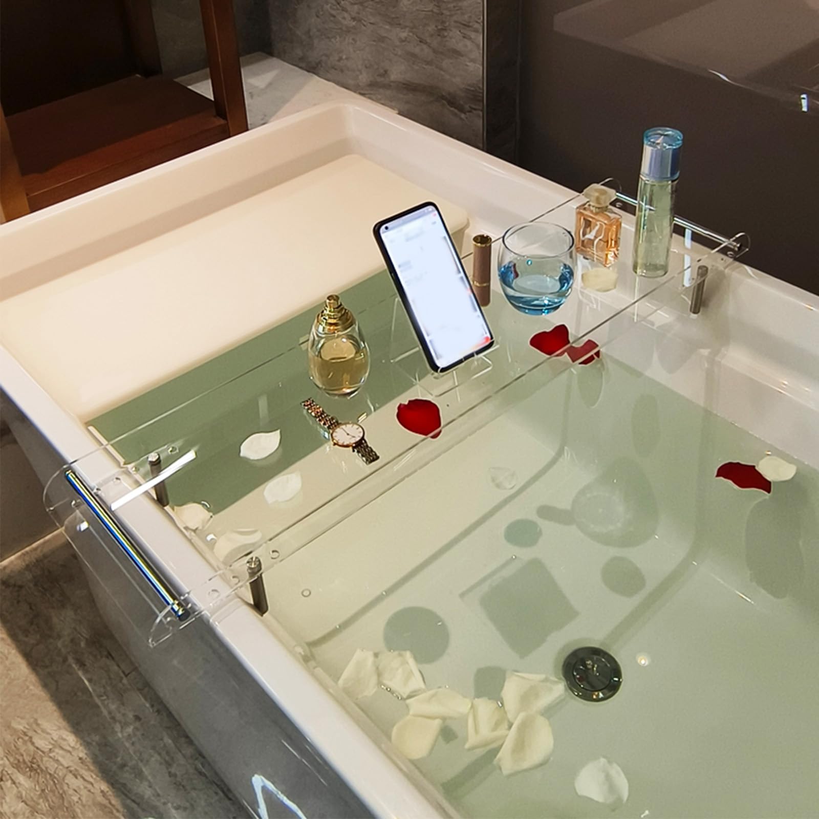 Badewannentabletts, verstellbares Badewannentablett aus Acryl, Badewannenablage, Badewannenablage, Ablage für die Badewanne, Badezimmer-Organizer, transparente Parfümablage, Arbeitsplatte, t