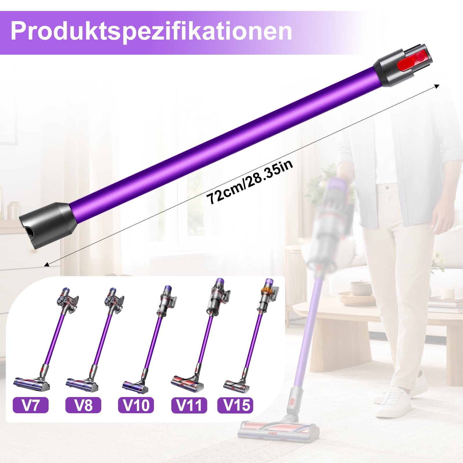 72cm Verlängerungsrohr +Weißer Gänsekopfpinsel,Kompatibel mit Dyson V7 V8 V10 V11 V15, Schnellwechsel Aluminium Rohr, Ersatzteil für Staubsauger(Lila)
