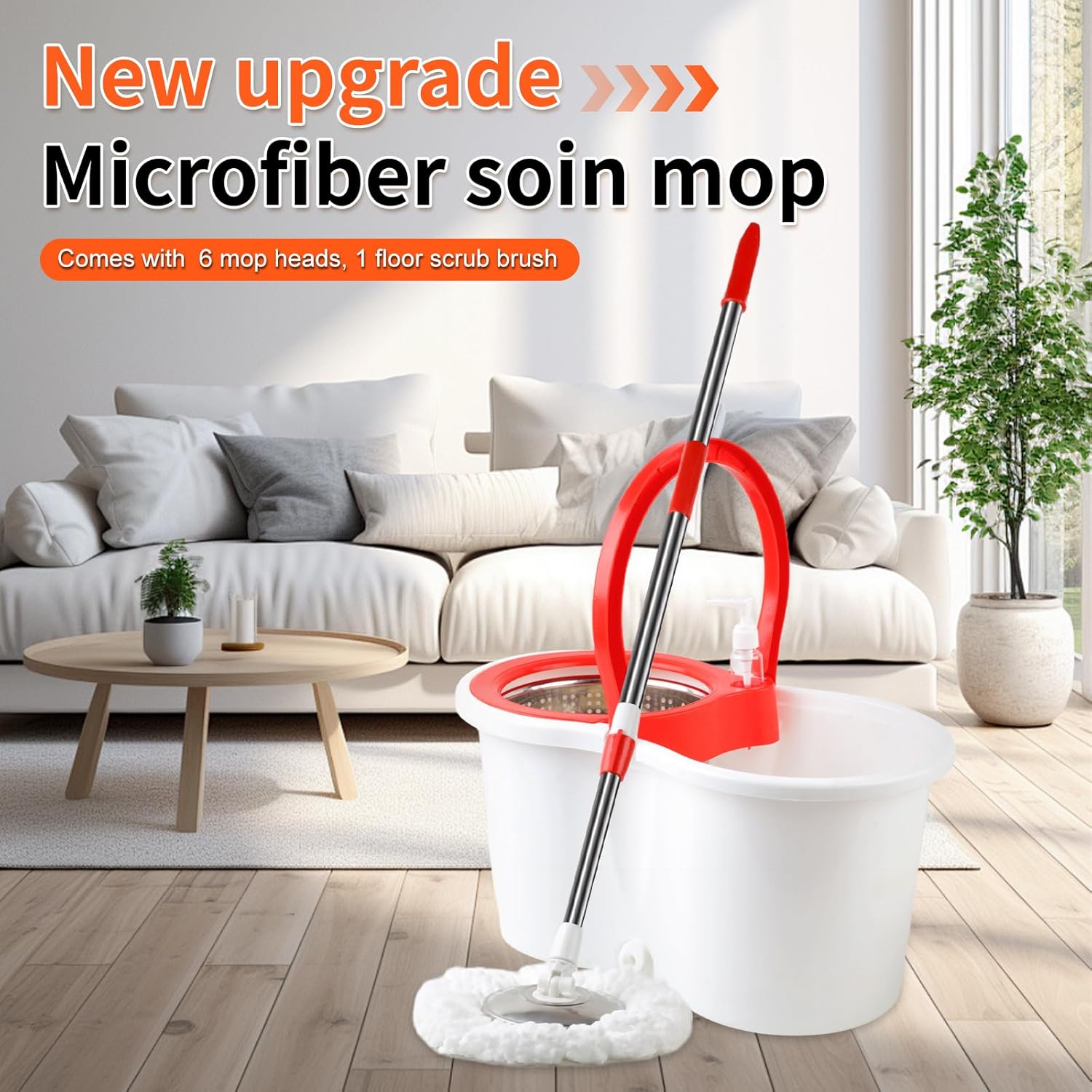 Spin Mop and Bucket with Wringer Set, 360°Spinning Mop Bucket System with Floor Scrub Brush 6 Microfiber Mop and Adjustable Long Handle for Floor Cleaning Dry and Wet Use