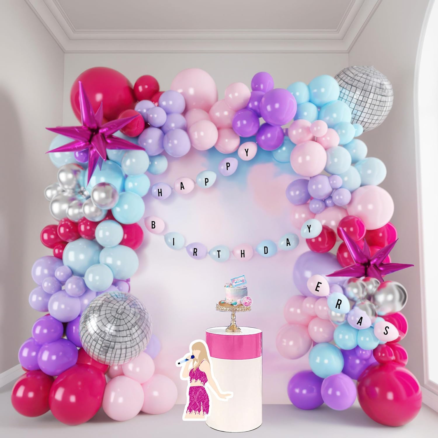 Music Theme Balloons Party Supplies 155Pcs Pink and purple blue balloon arch Kit with Mylar star Disco Ball Balloon Garland for music fans theme teenage girl Birthday Party Prom Decorations Purple Pink Blue