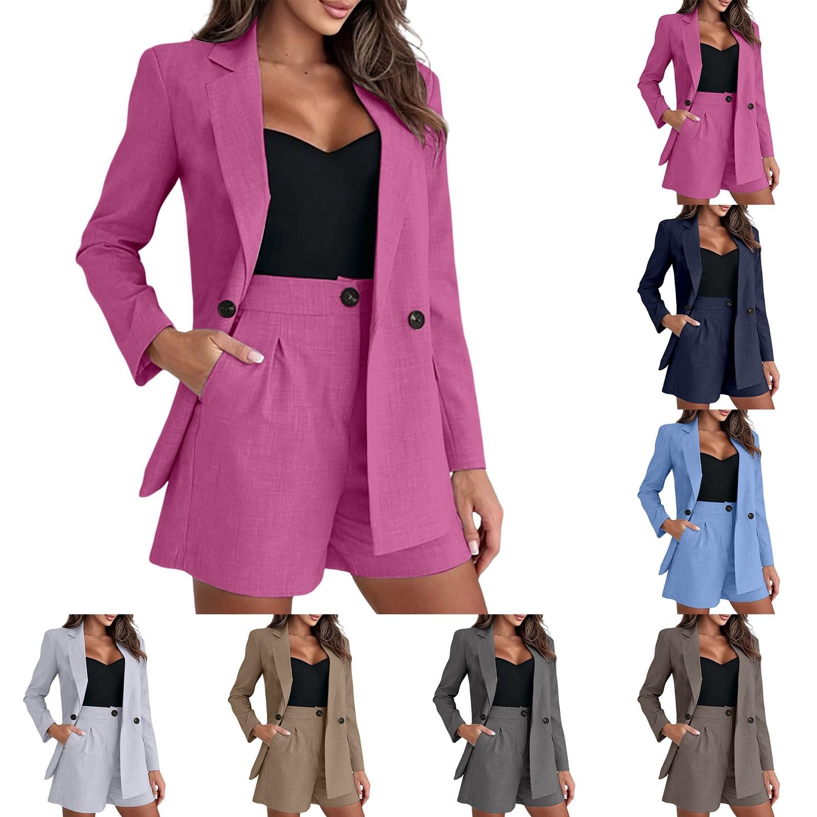 Hosenanzug Damen elegant 2 teiler mit kurzer Hose Business Anzug Damen Set Langarm Anzugjacke und Kurze Anzughose mit Tasche einfarbig Businessanzug Slim Fit Einfarbig Freizeitanzug