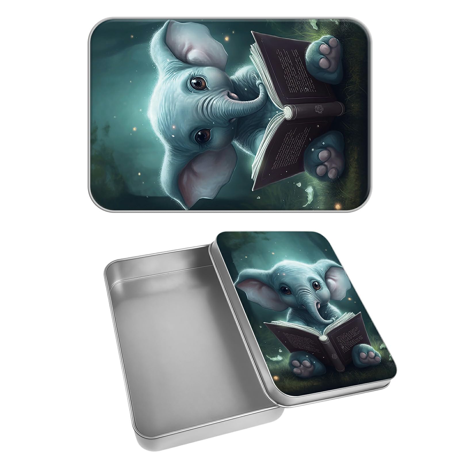 Rectangular Metal Tin Box with Removable Lid, Baby Elephant Book Decorative Printed Metal Storage Container for Cards, Diaries, Home Organization 4.53 x 3.35 x 0.86 inch– Single Pack