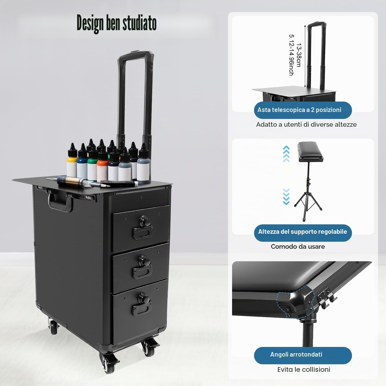 Valigetta cosmetica trolley con braccioli e lamiera metallica, per tatuaggi con 3 cassetti, per trucchi professionali, da tavolo per tatuaggi, da donna, con ruote