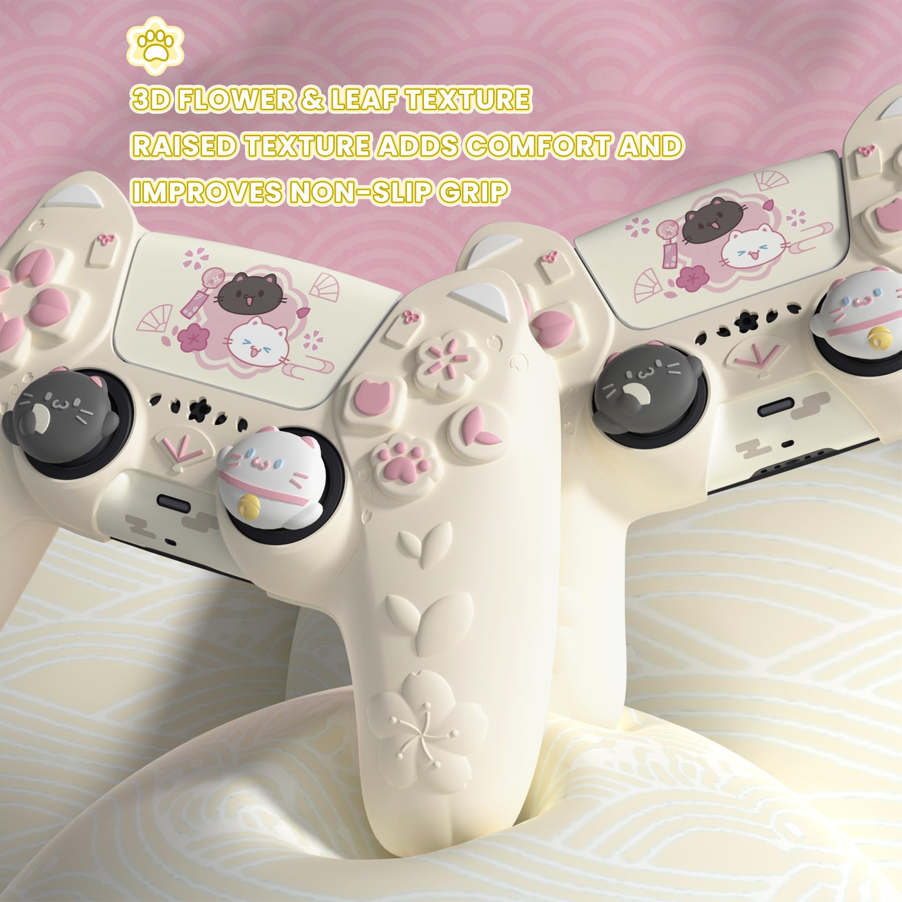 PlayVital Hülle für PS5 Controller, Kätzchen Serie Süße Schutzhülle für PS5 mit 3D Katzenohren, Daumengriff & Aufkleber, Kompatibel mit Ladestation, Anti-Rutsch, Antikgelb