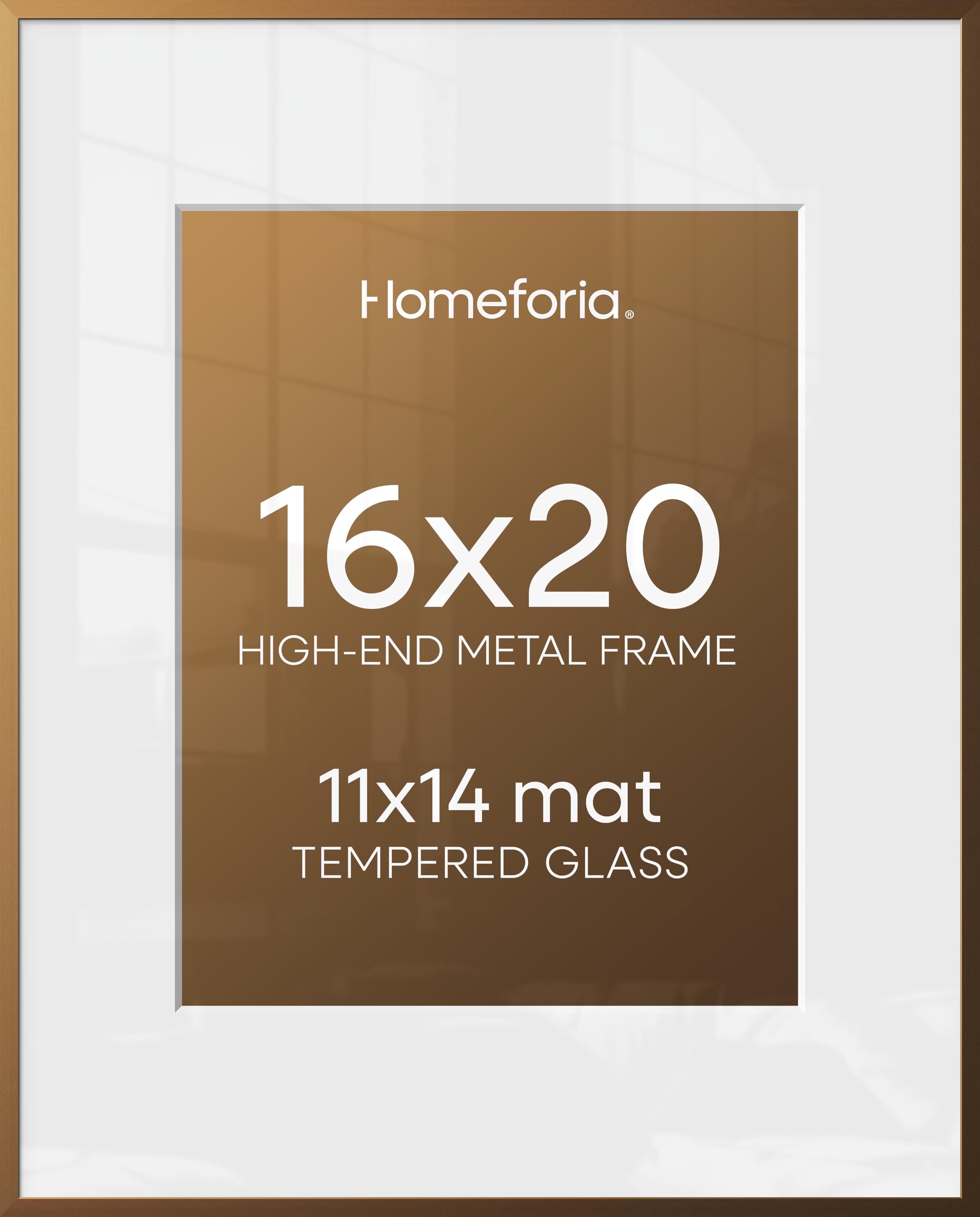 Homeforia Picture 16x20 Bronze Frame, High End Metal 16x20 Brass Poster Frames with Mat 11x14 for Photo, 16 x 20 Frame Matted to 11 by 14 Print, 20x16 Hanging Frames, Tempered Glass, Wall Kit, Set of 1