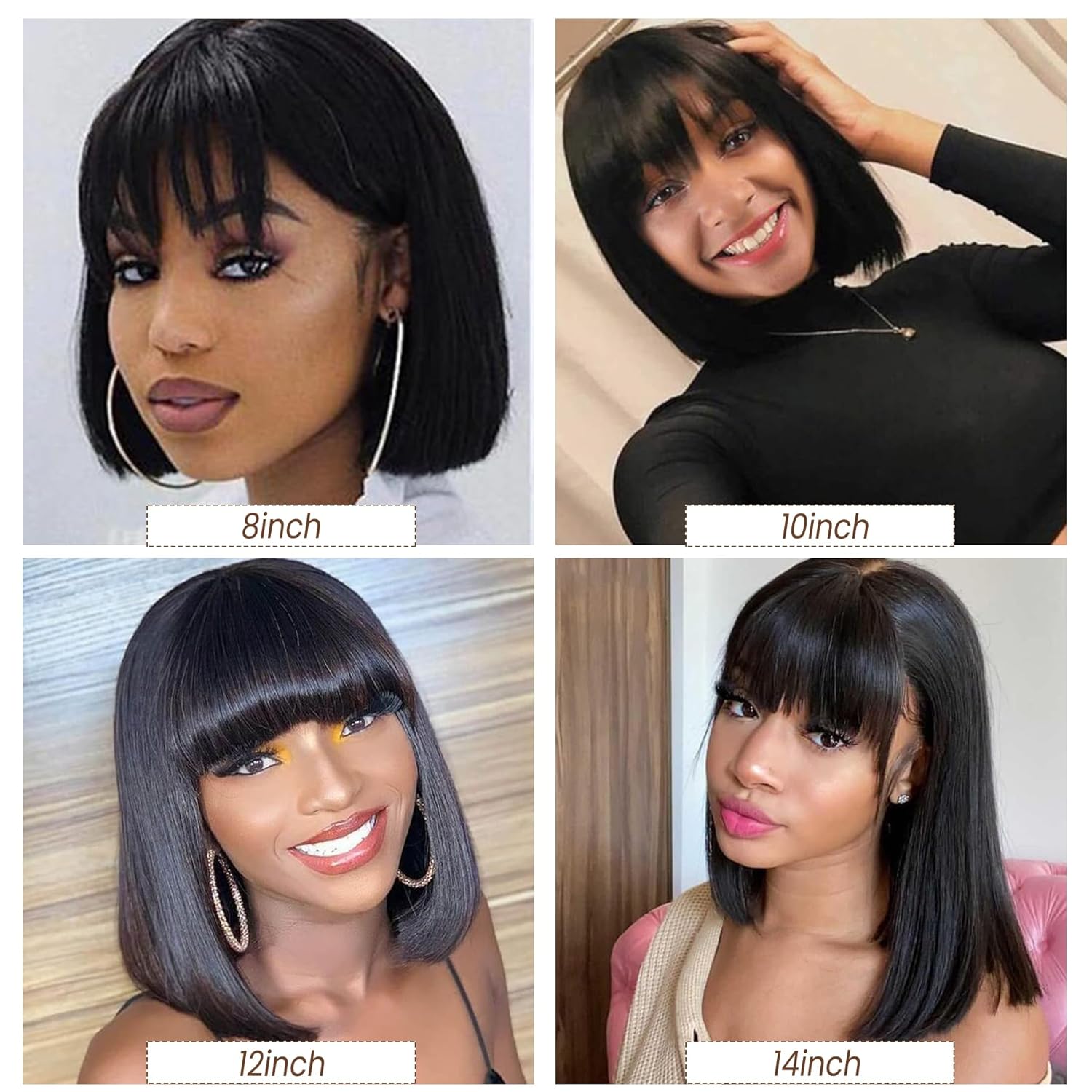 Bob with Bangs for Black Women 14 inch Straight Black Wigs Heat Resistant Blunt Cut Short Bob HD Lace Front 2x1 Scalp