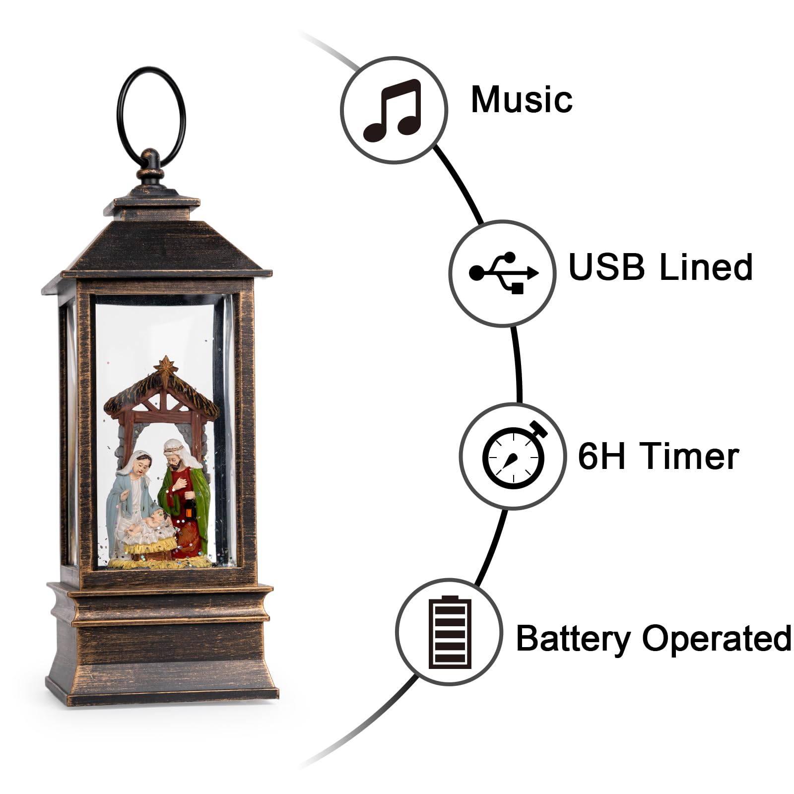 Linterna musical de globo de nieve de 10 pulgadas iluminada con escena de pesebre, farol de agua, remolino brillante, decoración del hogar y regalo, funciona con pilas o alimentado por USB