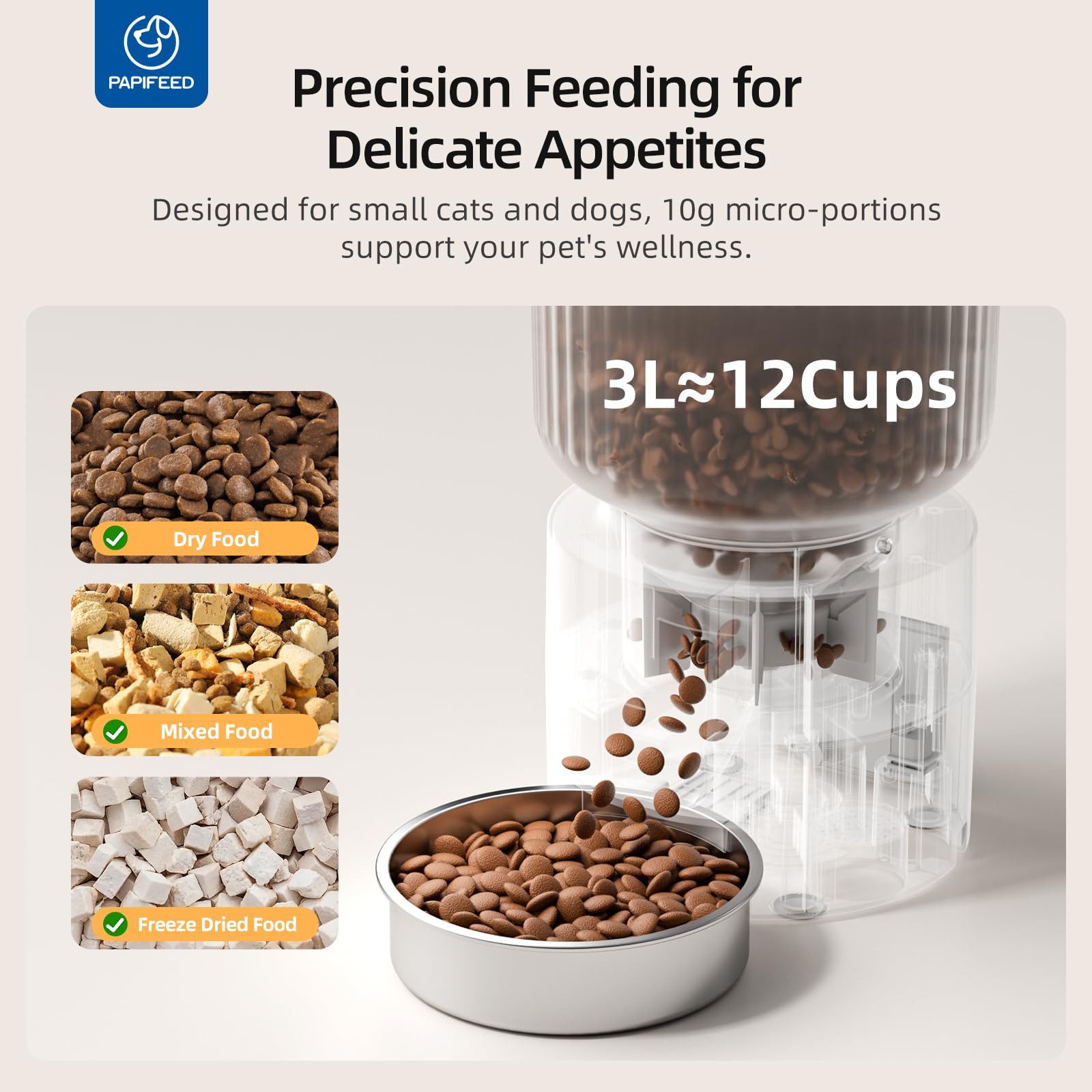 PAPIFEED Automatic Cat Feeder and Water Fountain, 3L/12 Cups 2.4G WiFi Pet Feeder with Stainless Steel Bowl, Smart APP Control for Remote Feeding, 1-12 Meals Per Day, Detachable for Easy Clean (White) - image 5