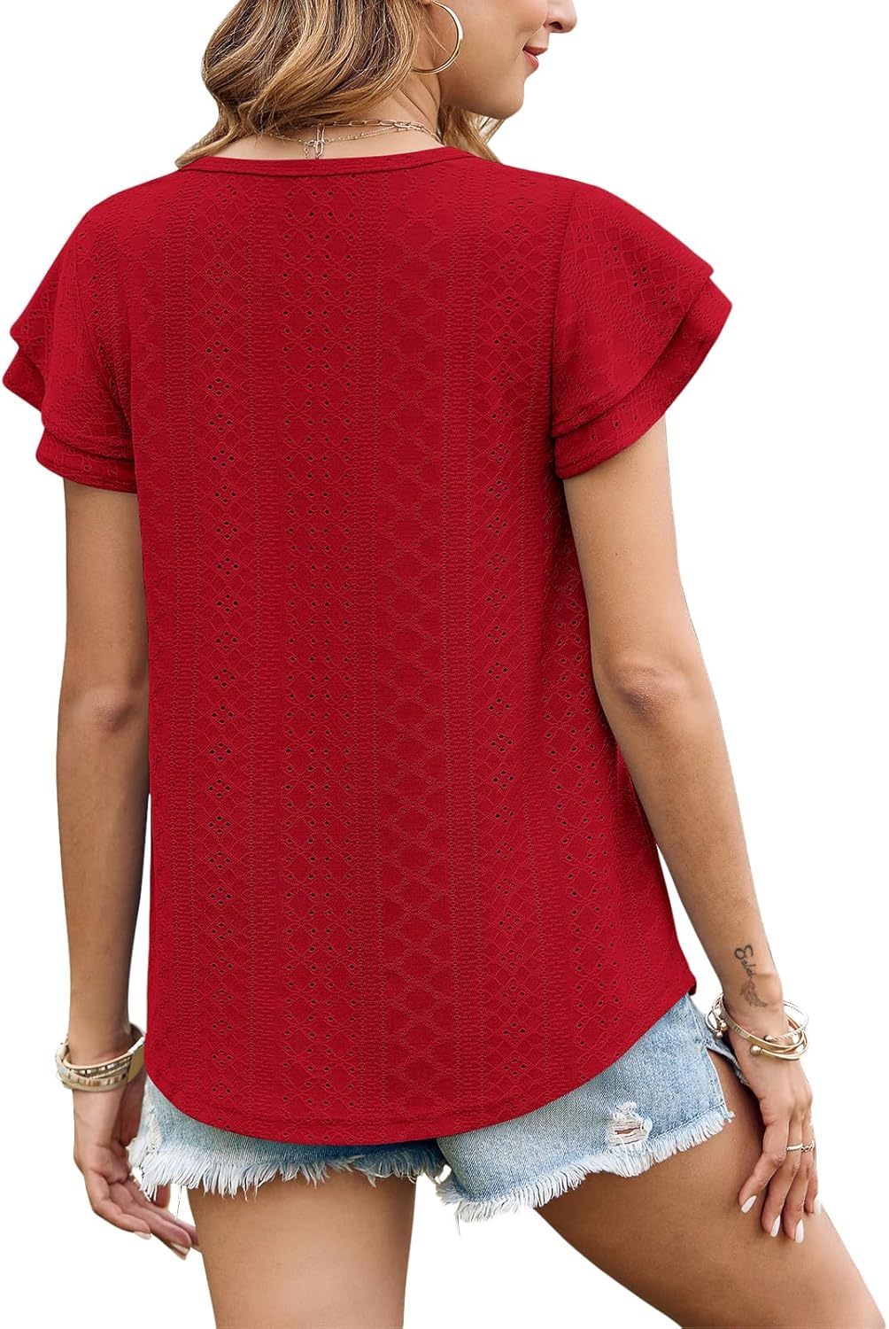 Zwurew Womens Summer Tops Crewneck Eyelet Ruffle Sleeve Blouses Casual Babydoll Shirts 2026 S-2XL - Image 3