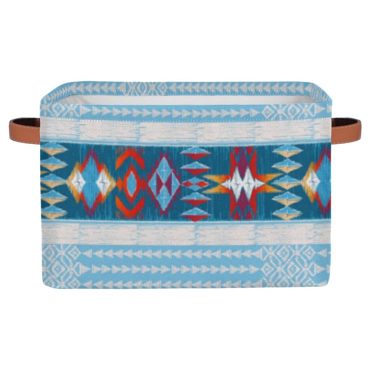 Boho Style Blue Ethnic Painted Square Storage Basket, Fabric Storage Bin with Leather Handles Aztec Pattern Collapsible Storage Bin Nursery Hamper for Organizing Toys, Clothes, Books, Gift Baskets