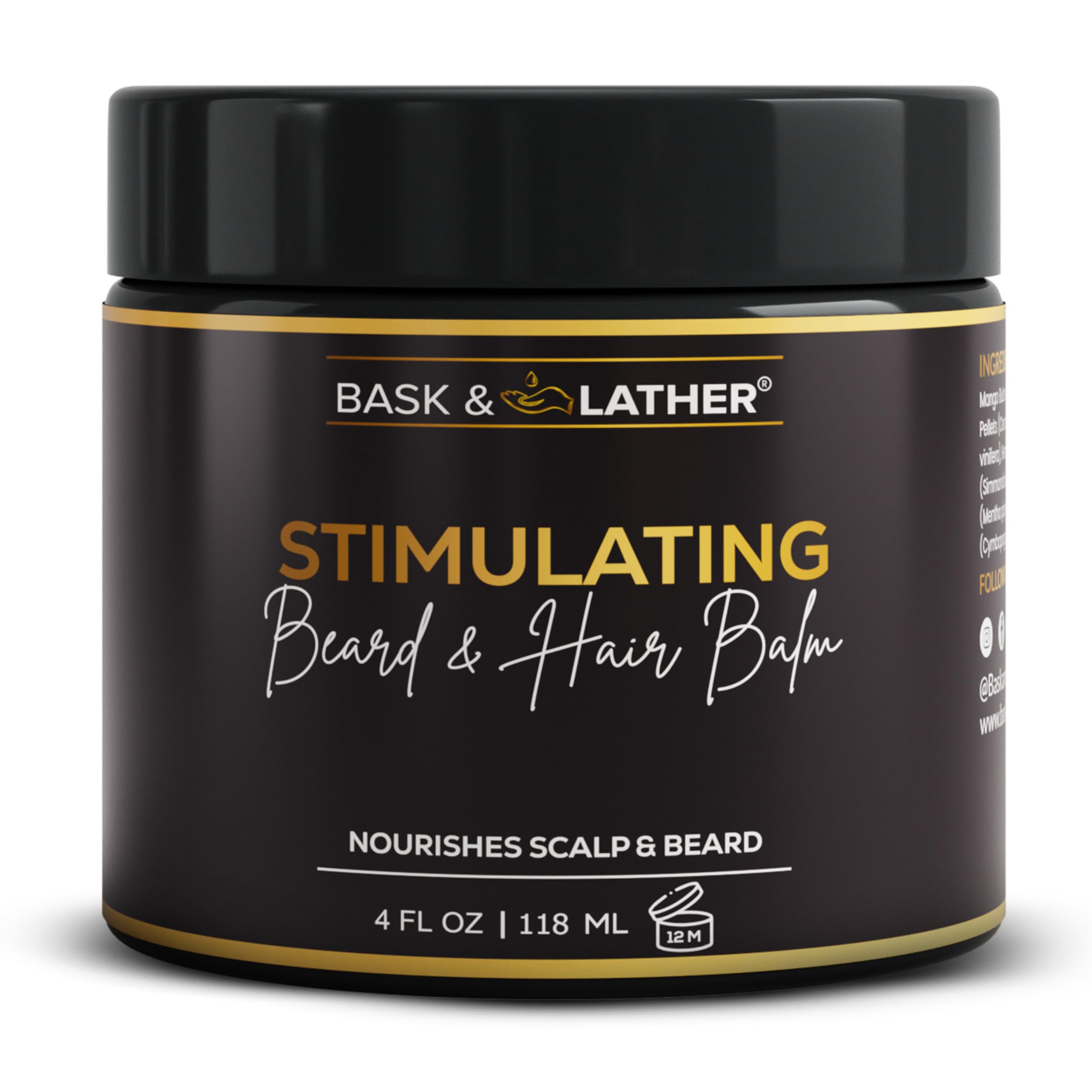 BASK & LATHER Stimulating Hair & Beard Balm, Leave-in Conditioner With Essential Oils, Mango & Shea Butter, Supports Itchy or Dry Scalp for All Types, Strengthens & Shines Beards, 4 fl oz 4 Ounce (Pack of 1)