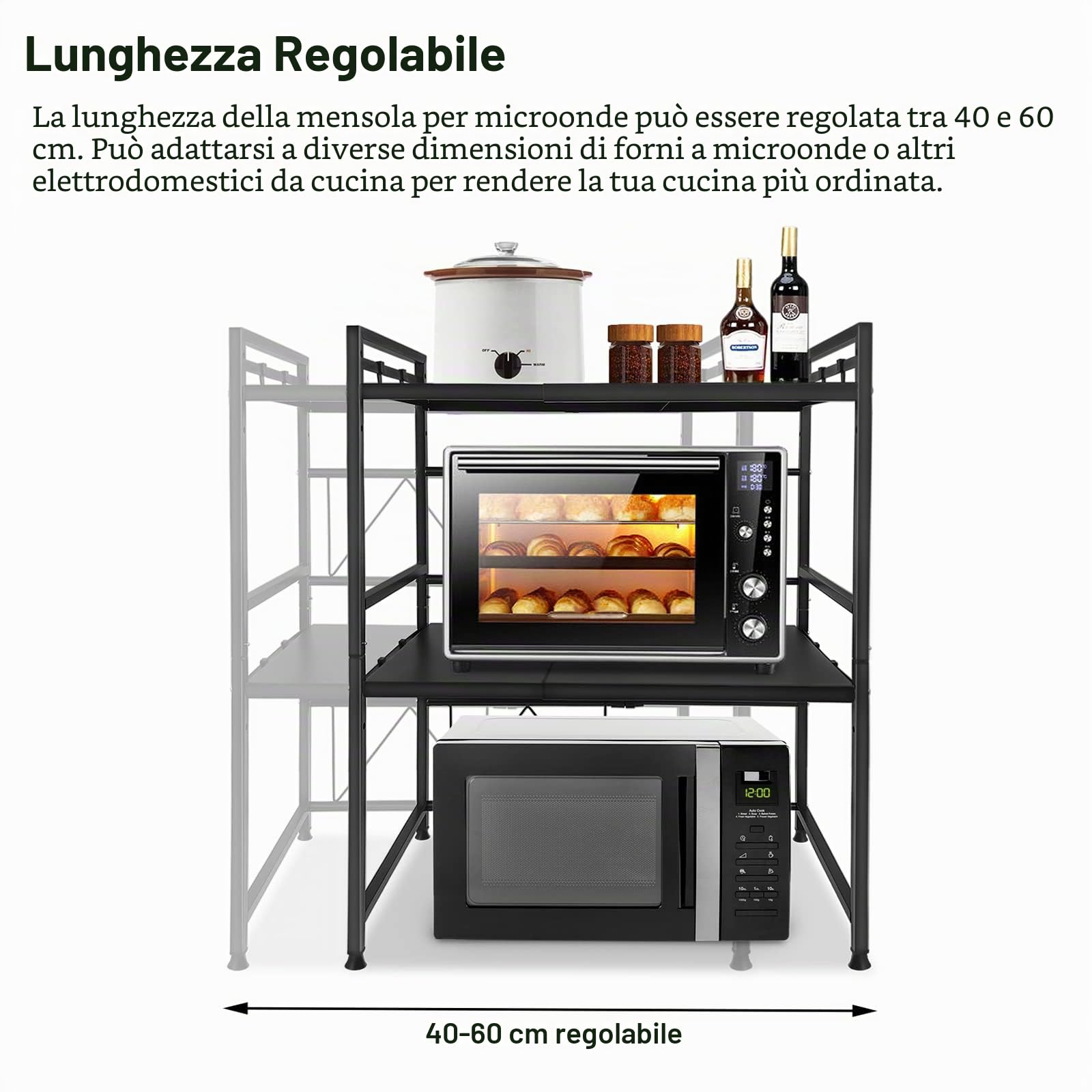 LARS360 Scaffale espandibile per microonde, supporto per microonde a 3 livelli, scaffale da cucina in acciaio al carbonio, portaoggetti per microonde per la cucina e l'archiviazione (nero), LARS