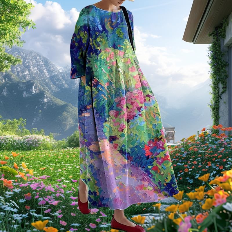 Floral Plus Size Dress for Women Maxi Loose Fit Summer Fall Trendy Casual Crew Neck Dress