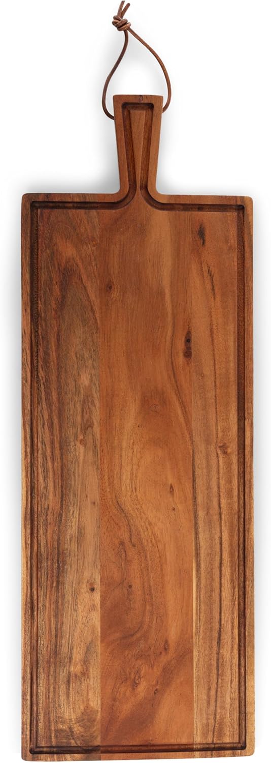PICNIC TIME Tagliere Long Rectangular Charcuterie Board with Leather Loop, Acacia Wooden Cutting Board with Handle and Juice Groove, All-Purpose Serving Platter, Decorative Serving Plank (Acacia Wood)