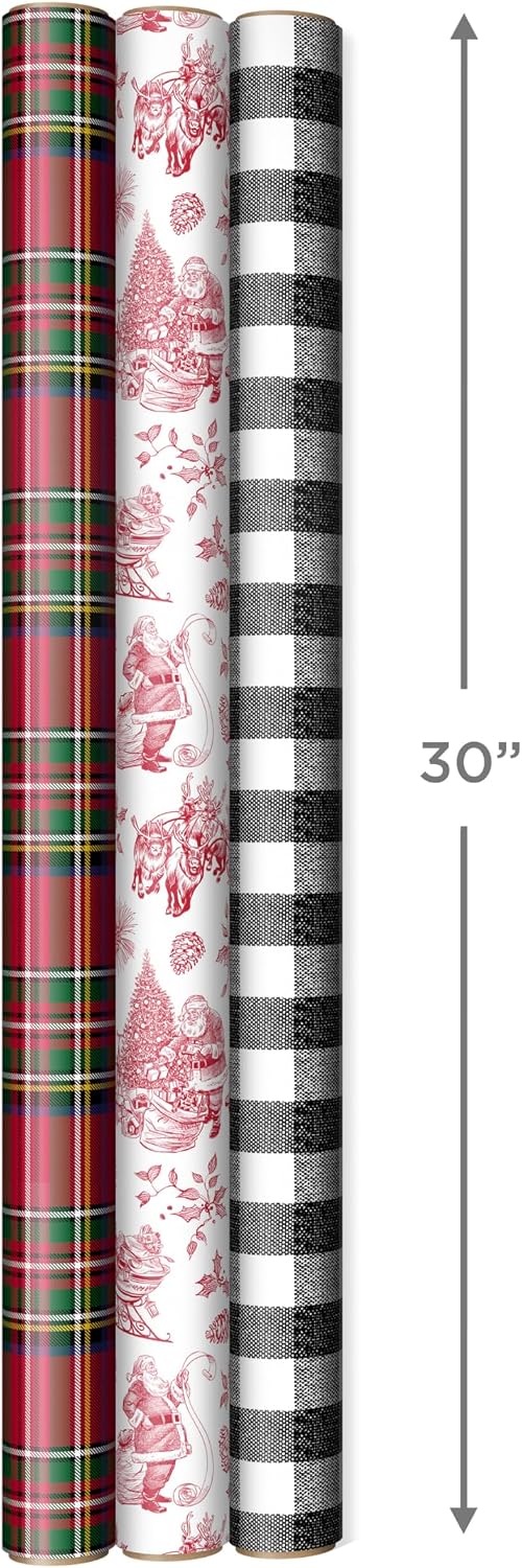 Hallmark Christmas Wrapping Paper Rolls, Holiday Plaid (3-Pack: 120 Sq. Ft. Ttl) Red Toile, Black Buffalo Check, Plaid for Christmas, Birthdays, Weddings, Crafts