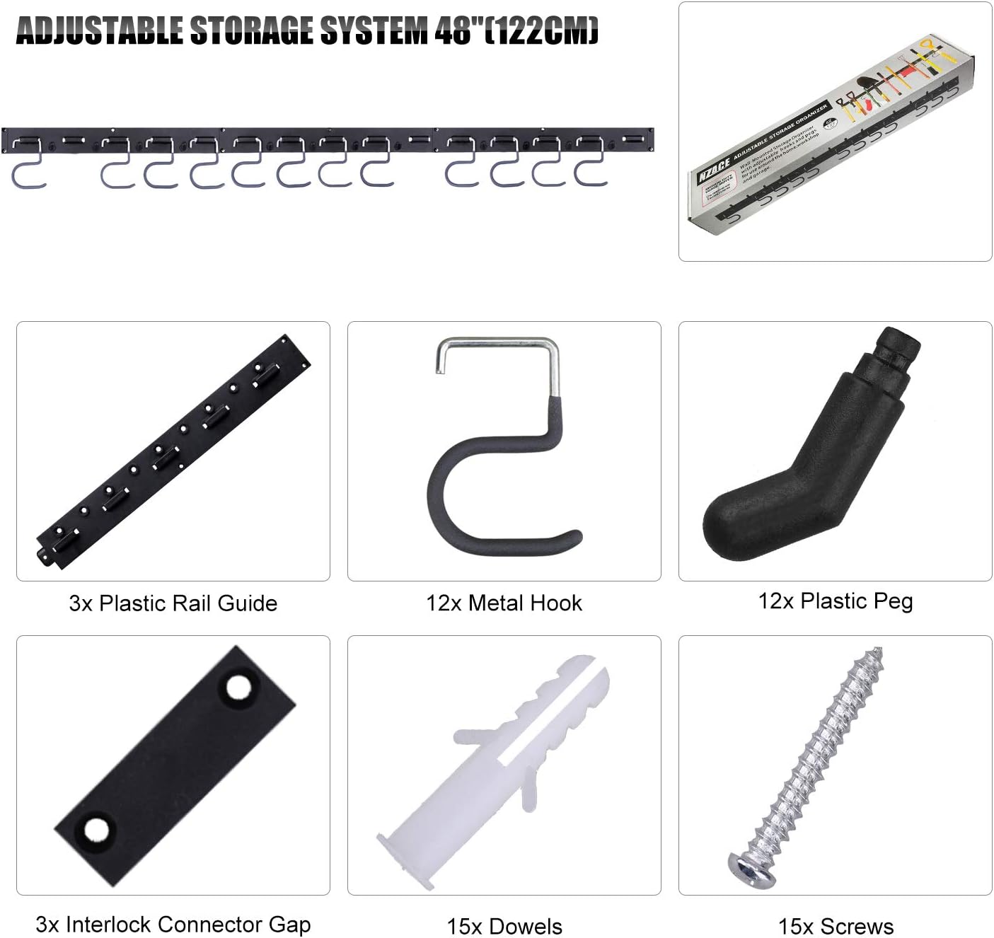 NZACE Adjustable Storage System 48 Inch, Wall Holders for Tools, Wall Mount Tool Organizer, Garage Organizer, Garden Tool Organizer, Garage Storage,Heavy Duty Tools Hanger with 3 Rails 12 Hooks