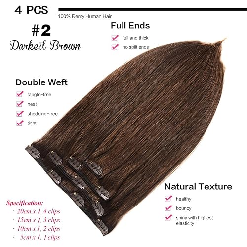 Miniatura 2 de Extensiones de pelo con clip, de 14 a 20 pulgadas, doble trama, 100% cabello natural Remy, calidad grado 7A, grueso, largo, suave, sedoso, recto, 4