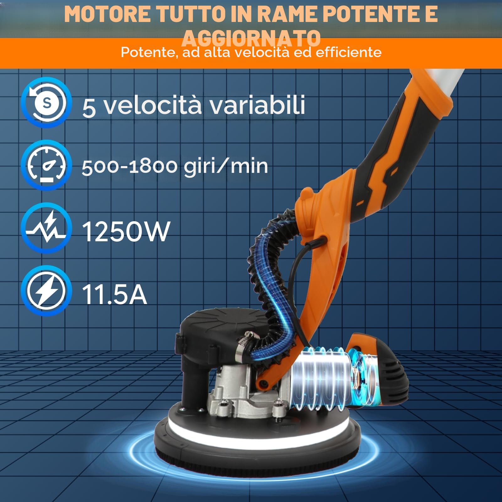 VELPAX Levigatrice per muro telescopica,1250W Levigatrice Muro con Aspiratore, 5 Velocità Variabili 800-1800 giri/minuto, Impugnatura Estensibile, Luce LED, Tubo per La Polvere Lungo