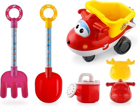 مجموعة ألعاب الشاطئ Super Wings وألعاب الرمل - لعبة شاطئية للأطفال من سن 3 إلى 5 سنوات - لعبة صندوق الرمل 6 قطع بما في ذلك المجرفة والمجرفة وعلبة الري ومجموعة شاحنات الرمل و2 قالب رمل