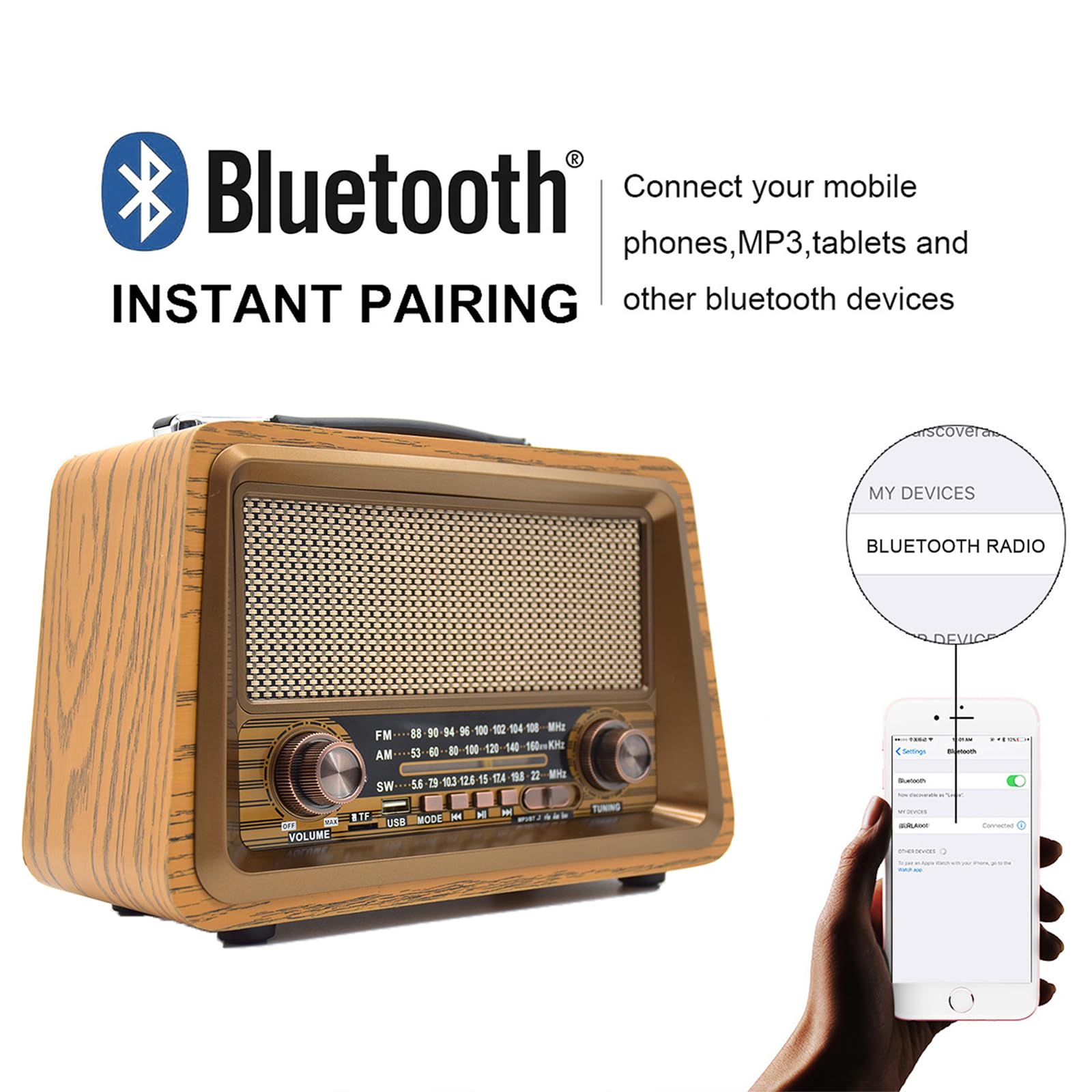 TsoLay Radio AM FM SW, 3 Bandes, Bluetooth, Portative, Bois, 3W, Rechargeable
