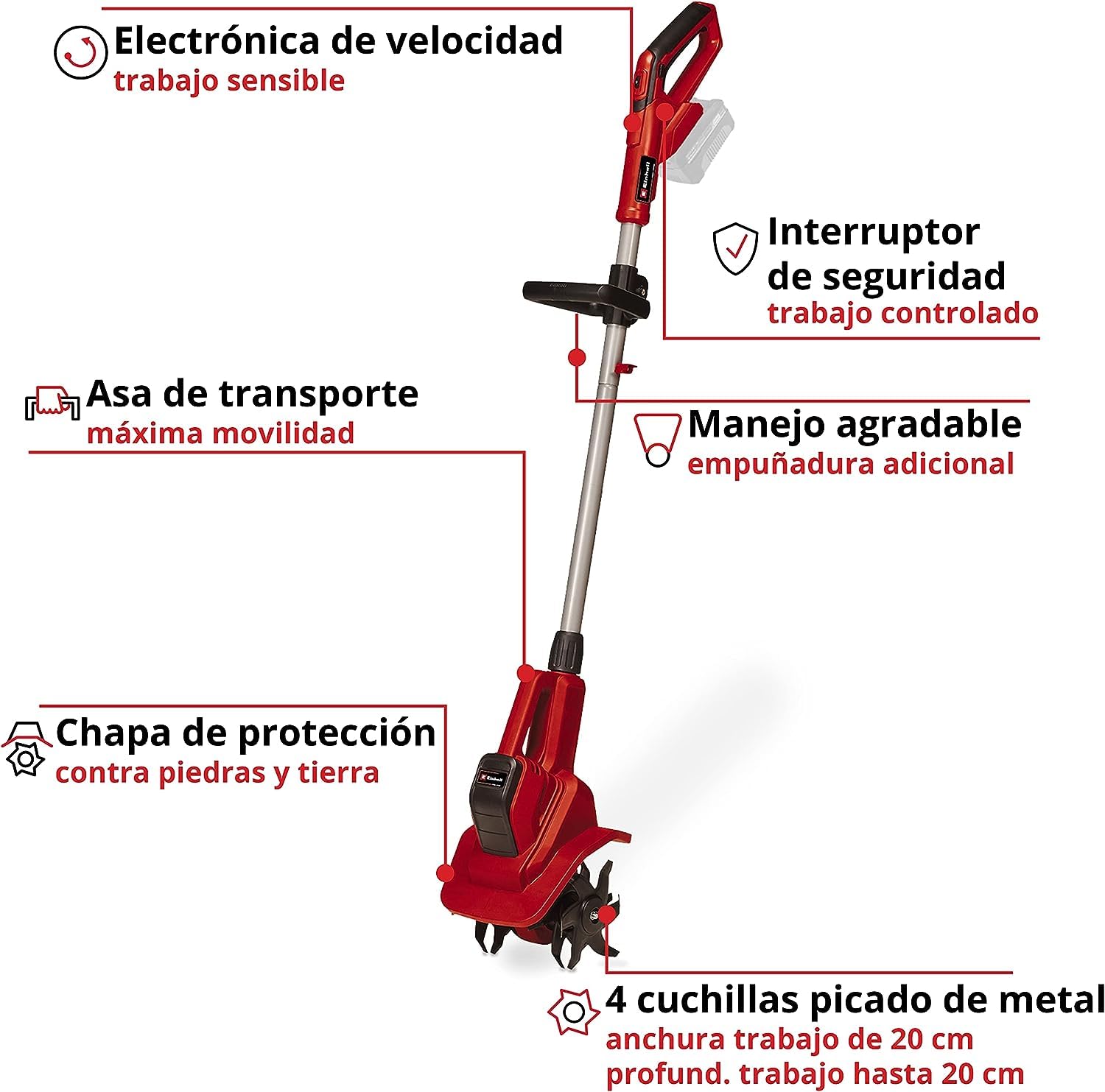 Einhell Motoazada con batería, 18 V, Iones de Li, regulación de Velocidad, Cuchilla escarificadora, Agarre Adicional, sin batería ni Cargador, Color Rojo/Negro