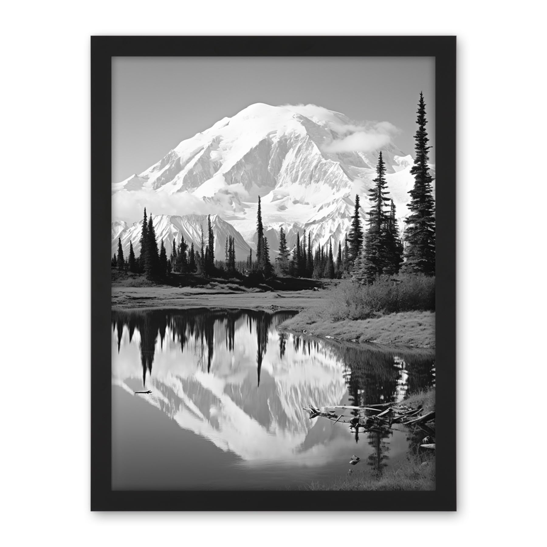 Artery8 Mount McKinley Reflecting on Wonder Lake Tranquil Water Black and White Photograph Scenic Mountain Valley Landscape Artwork Framed Wall Art Print 18X24 Inch