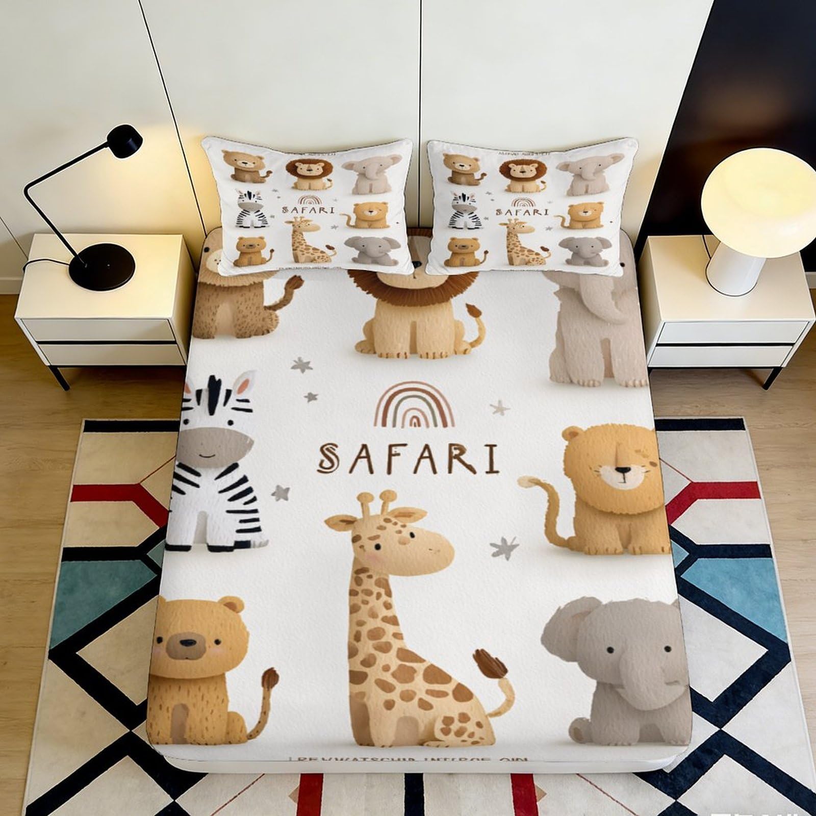 3D Printed Safari Animal Fitted Sheet Microfiber Soft Beige Brown Jungle Lion Giraffe Mattress Cover Bedroom Dorm Decor 90x200x25cm
