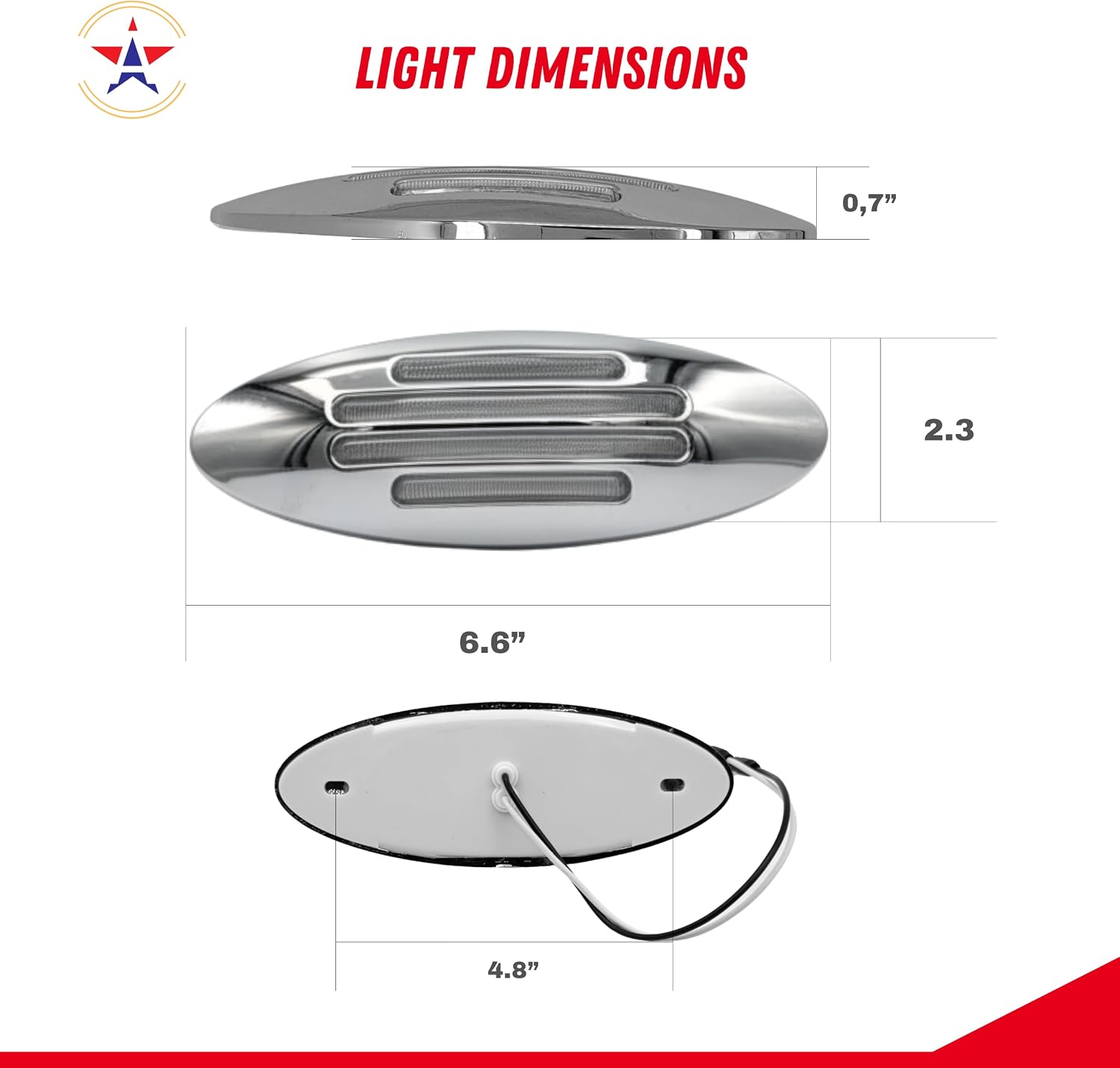 2x Amber + 2x Red 6-3/5 Inch Flatline Oval 24LED Side Marker Clearance Lights Chrome Bezel [DOT Approved] with Bullet Plug, Front Fender Panel Lights Semi Trucks Surface Mount Waterproof (Clear Lens) image 5