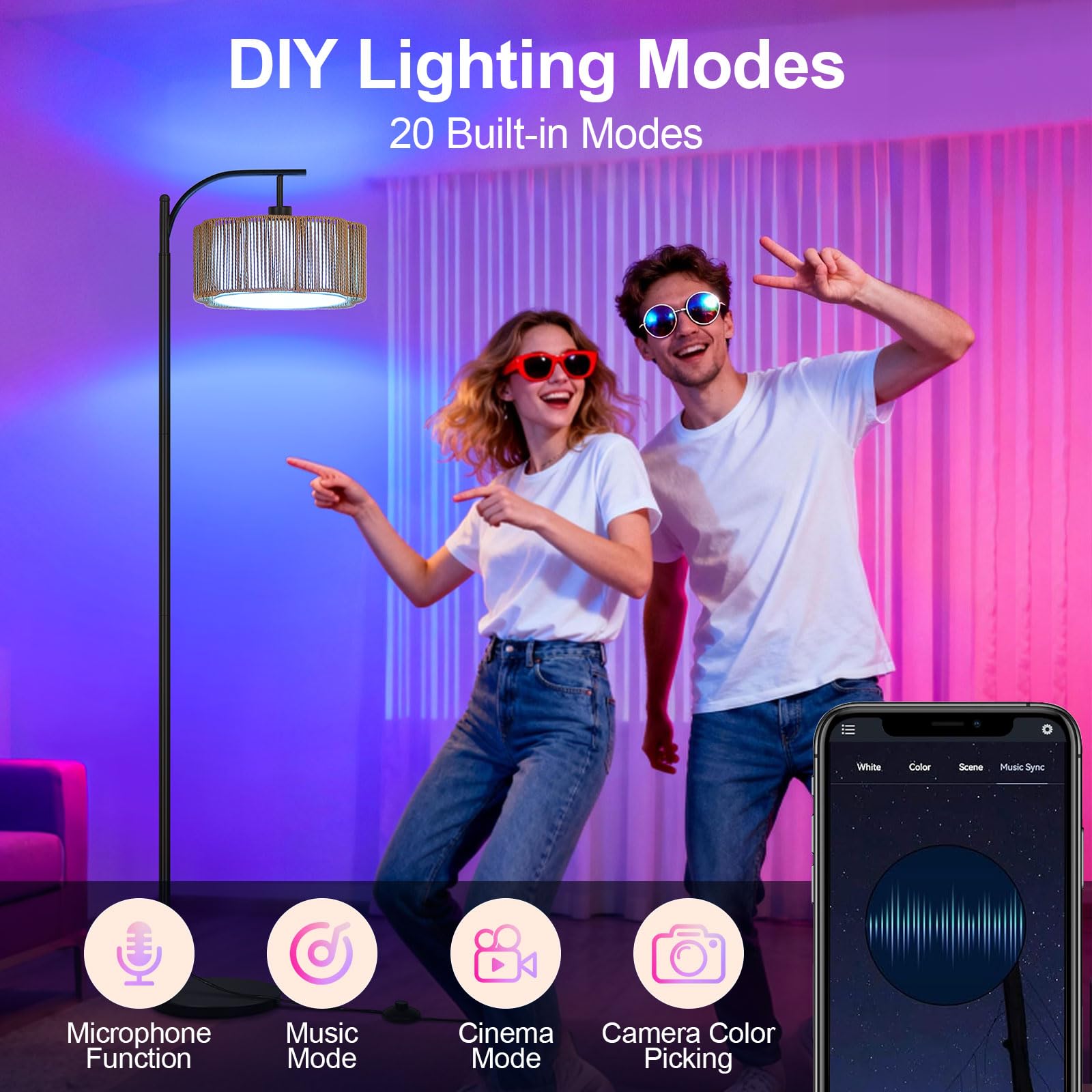Lámpara de Pie RGB Regulable con APP y Mando a Distancia, Lámpara de Pie Inteligente Ratán Boho con Temporizador, Modo Música y DIY, Bombilla E27 Incluida, para Salón Dormitorio Oficina
