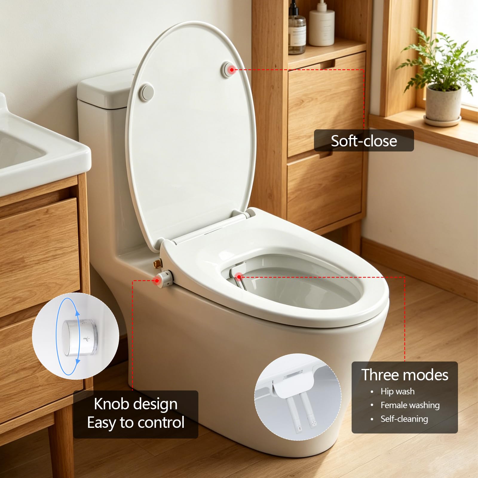 Abattant WC Japonais Forme O, Siège de WC Lavant Lunette de Toilette non Électrique à Double Buse et Fermeture Amortie et 2 Coussins de Siège de WC à Dégagement Rapide