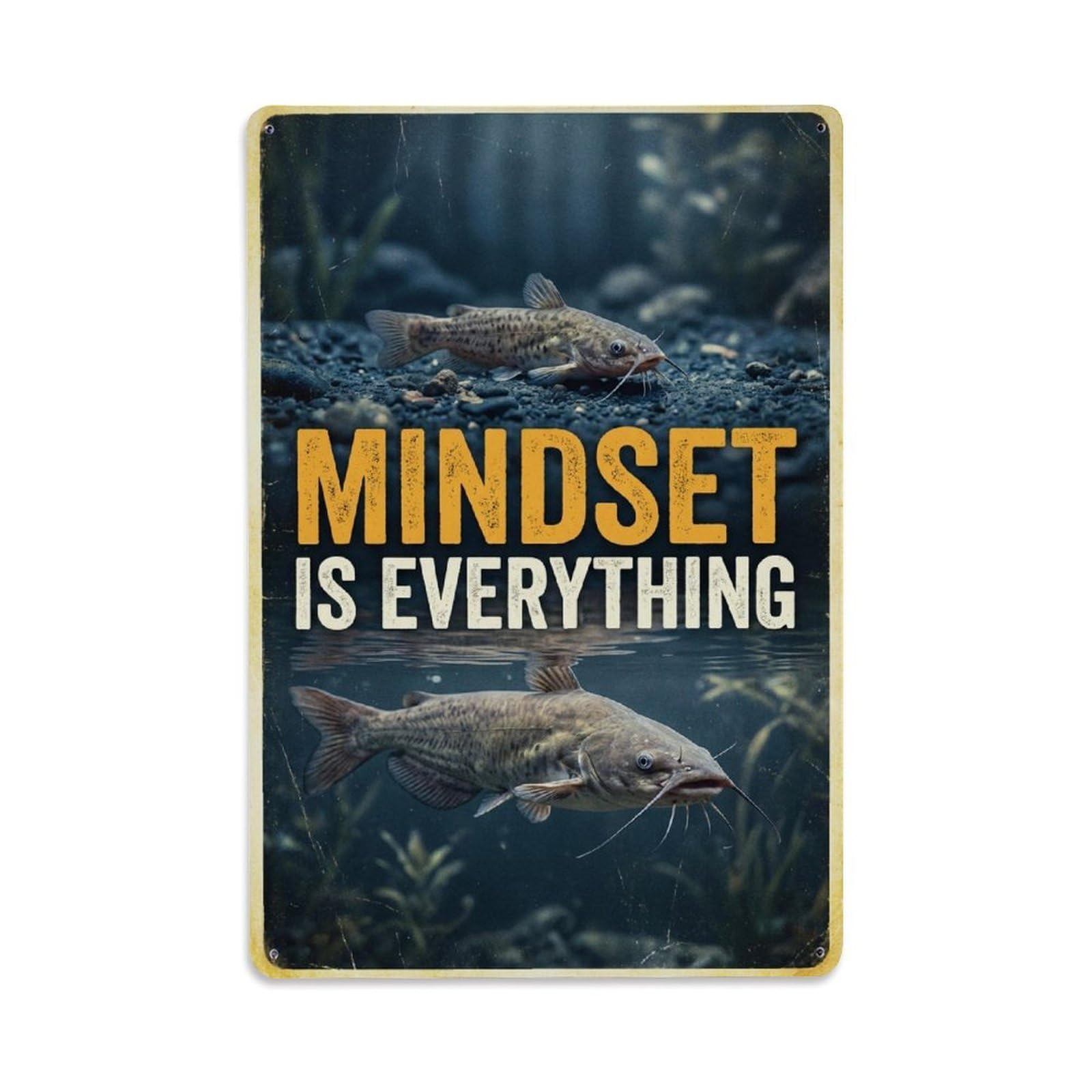 Olhnbad Style Catfish Fish Mindset Is Everything Motivational Quote Metal Tin Sign