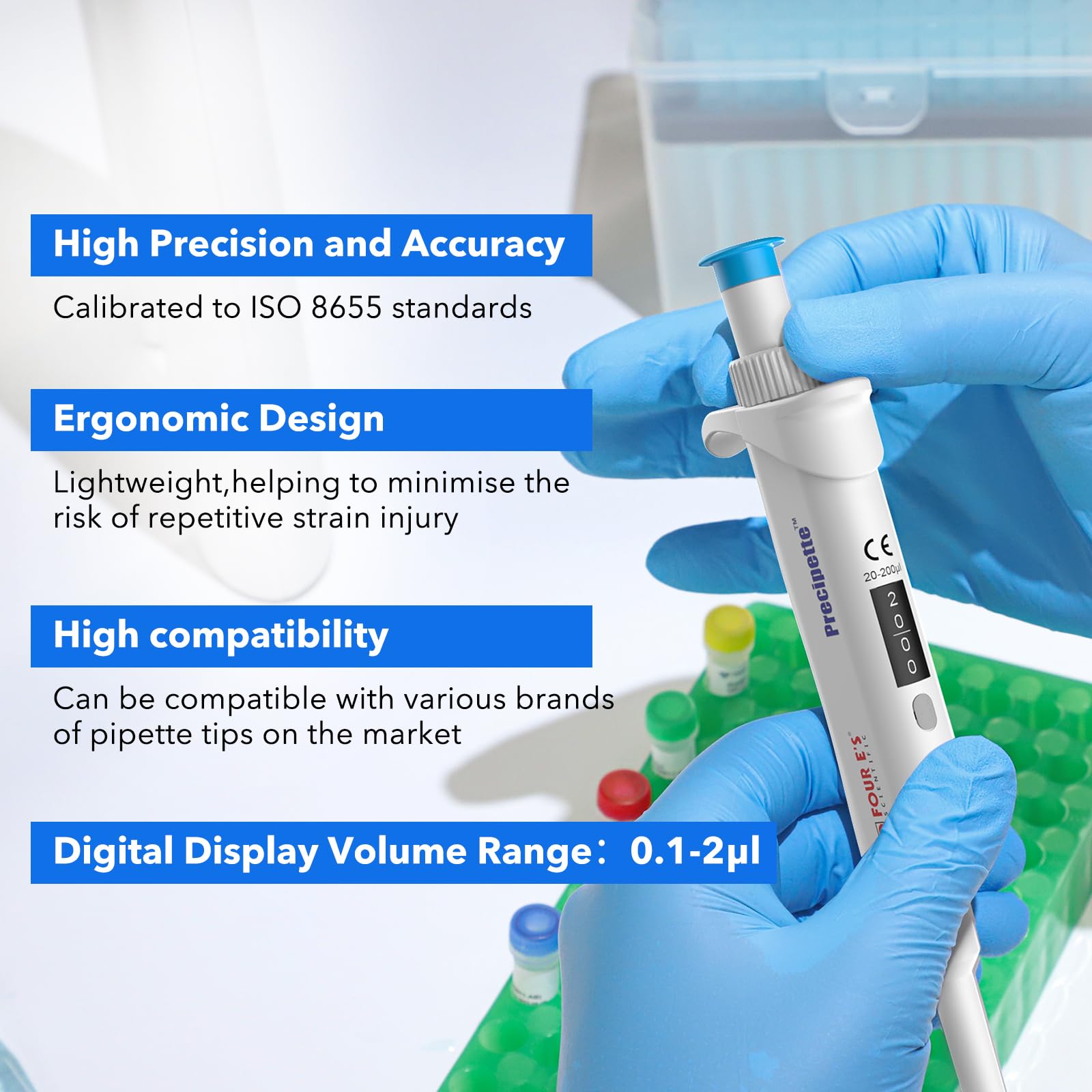 Mikropipette 20-200μl – Labor-Ein-Kanal-Pipette Hochpräzise, Mikropipette mit Einstellbarem Volumen, Unterer Teil Autoklavierbar