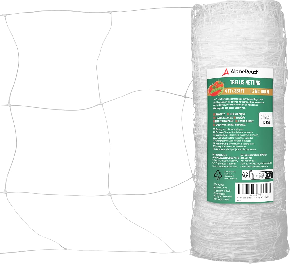 AlpineReach Trellis Netting 4ft x 328ft Heavy Duty Plastic White - 6 Inch Mesh Support Twine for Growing High Yield Tomatoes, Peas, Vine Climbing Plants Fruits Vegetables