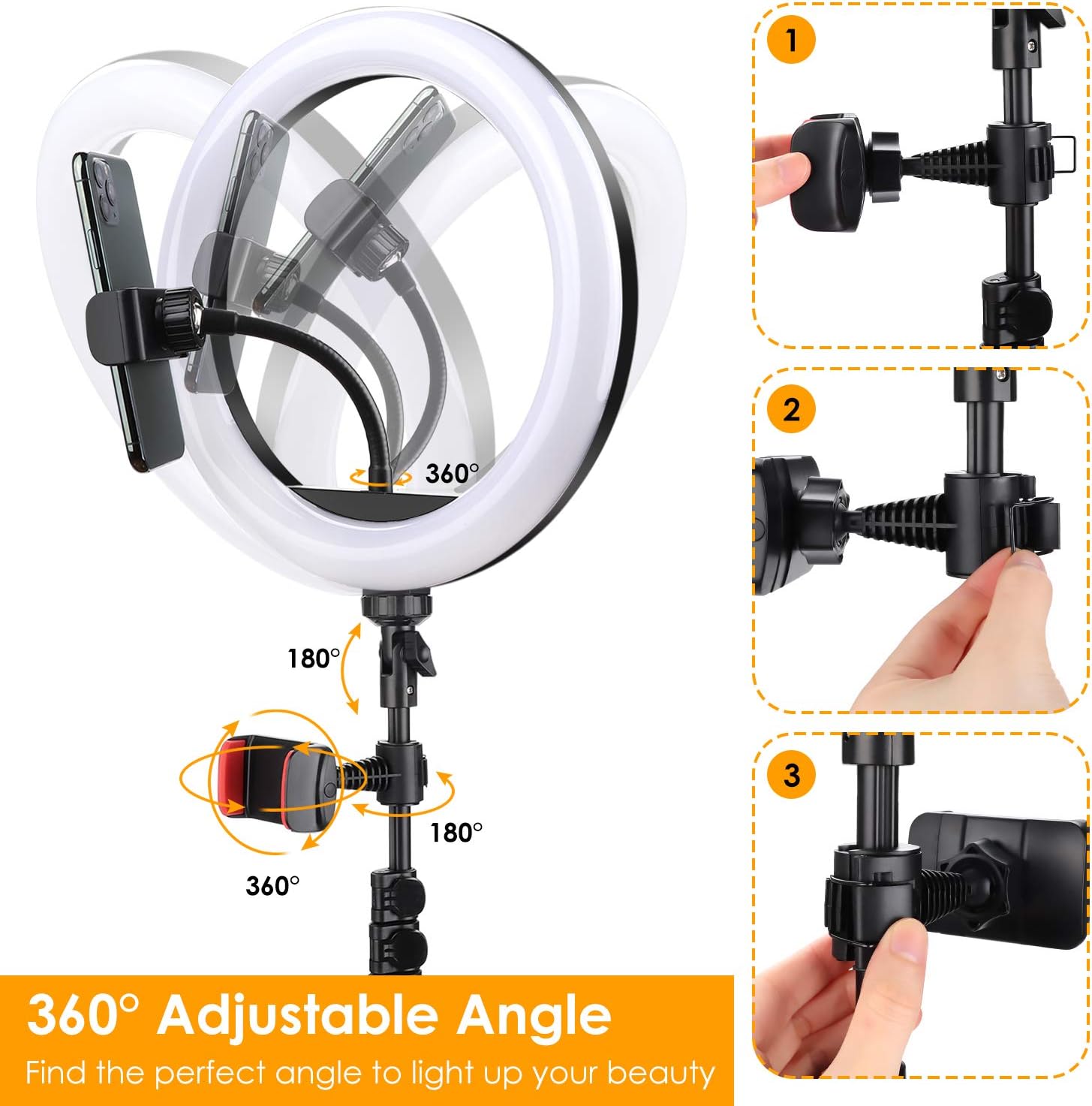 10'' Selfie Ring Light with Tripod Stand, Upgraded Dimmable Camera LED Ring Light with 3 Phone Holder for TikTok/YouTube/Live Stream/Vlog/Makeup/Camera/Photography Compatible with iPhone Android