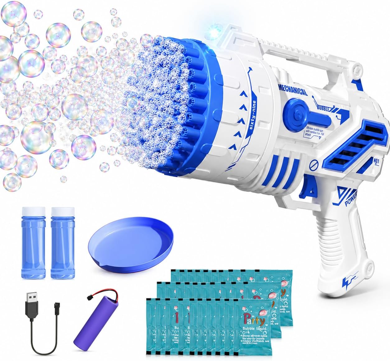 Bubble Gun for Kids, 69-Hole Bubble Machine with LED Lights, 69 Hole Bubble Blaster Blower, for Ages 3+, Summer, Birthday, Party Wedding Outdoor (Blue)