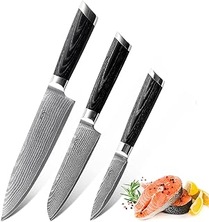 NANFANG BROTHERS Couteau de Cuisine Damas 3 Pièces,Couteau de Chef Set Professionnel Japonais en Acier de Damas 67 Couches VG-10 pour Viande, Légumes, Fruits de Boîte Cadeau
