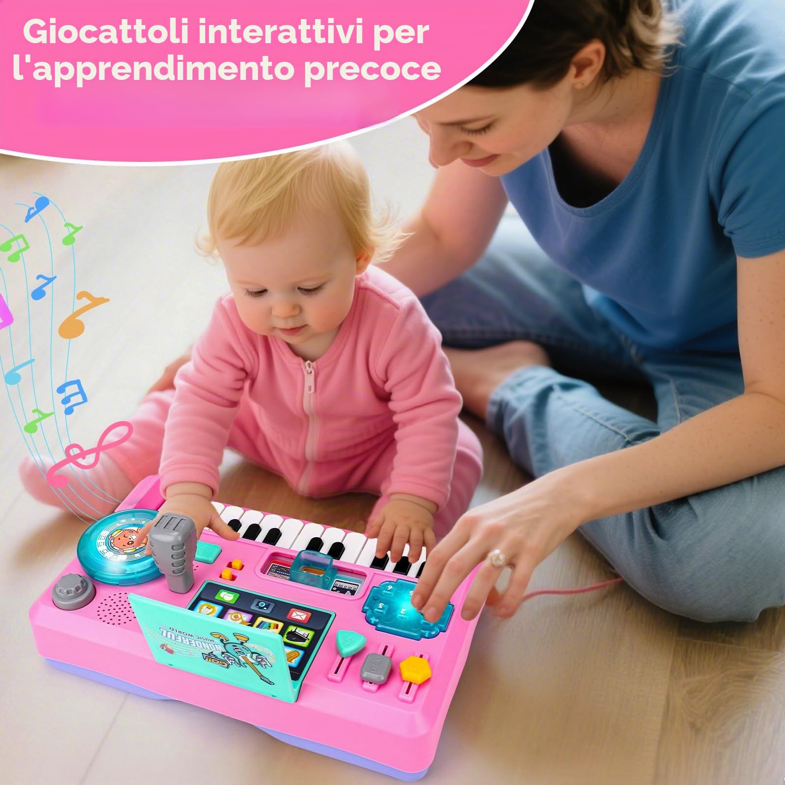 Lypsochaat Giocattolo per Bambini a partire da 1 2 3 Anni con Musica e Luce, Giocattolo Musicale per Bambini con Pianoforte, DJ Console, Giocattolo per Bambini 0-6 0-12 12-18 Mesi, Regalo per Bambini