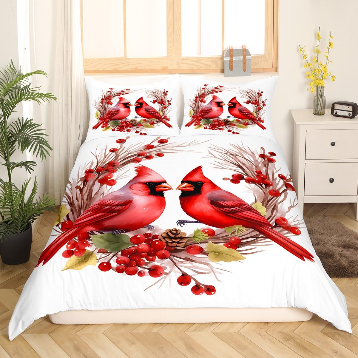 richhome Red Cardinals Bedding Set Single Size Kids Pine Cones Comforter Cover Set for Boys Girls Teens Cute Birds Duvet Cover Romantic Love Bedspread Cover Room Decorations Quilt Cover - Image 4
